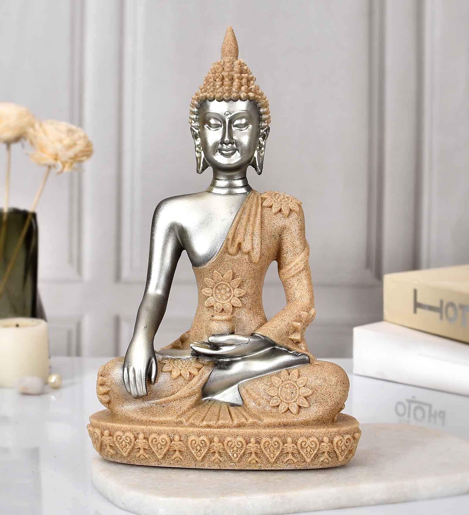 Serenity Buddha Silver & Beige Resin Figurine