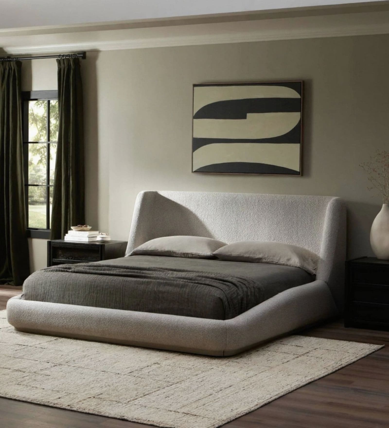 Serenity Curve Suede King Sized Bed With Hydraulic Storage in Beige Colour
