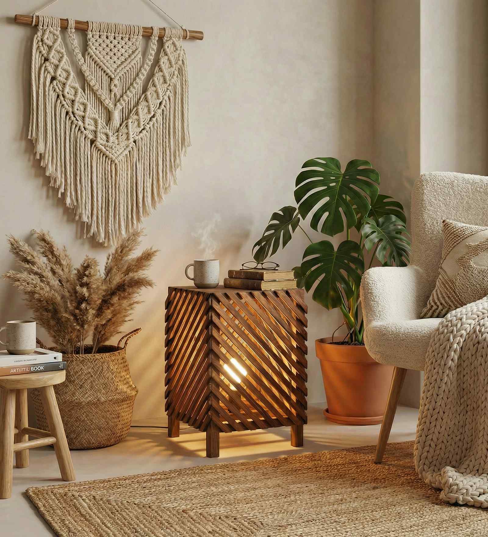 Serge Wooden Shelf Floor Lamp with Wooden Shade & Brown Base