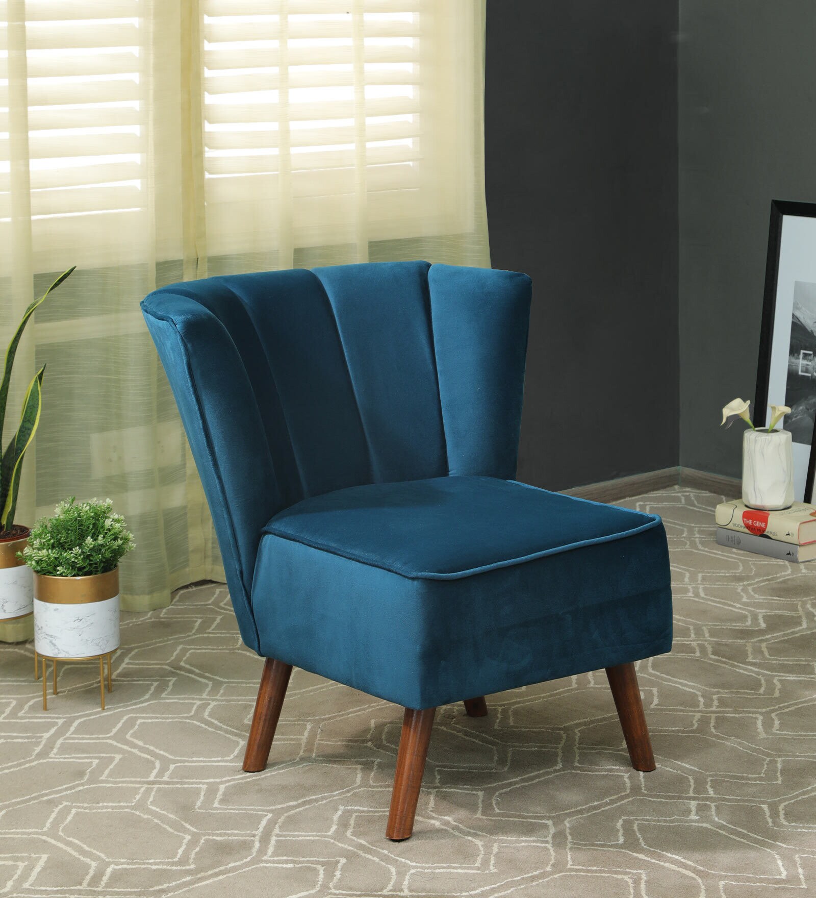 Sergio Velvet Slipper Chair In Teal Blue Colour