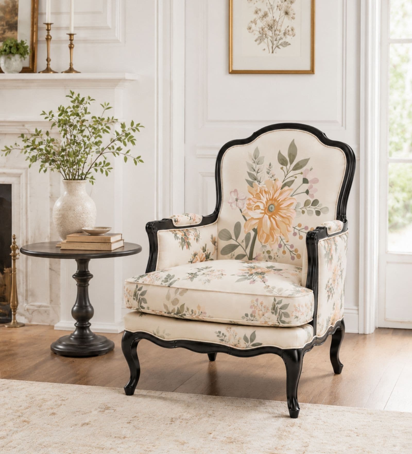 SerIna Yellow Floral Teak Wood Chair With Suede Fabric