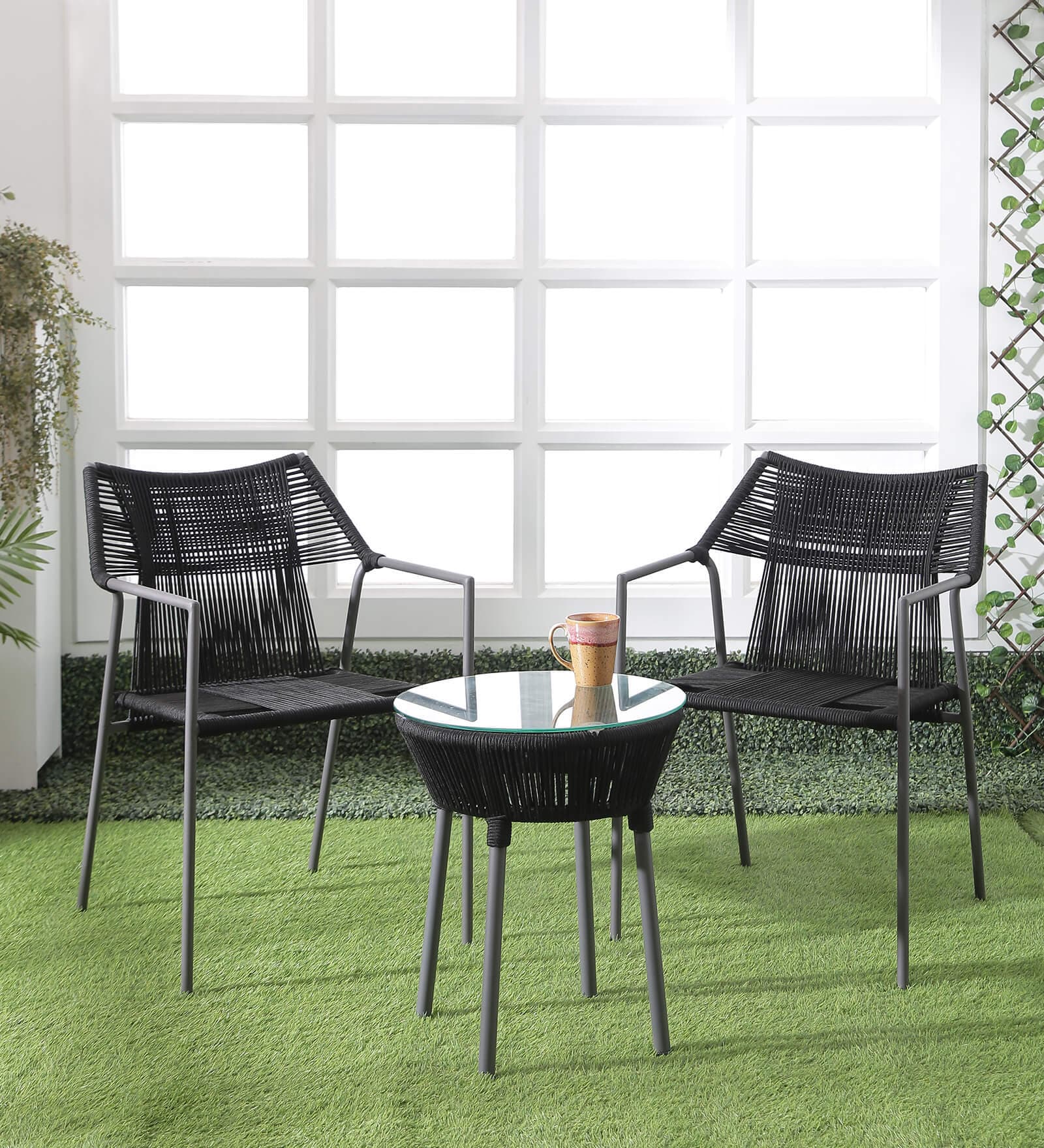 Serra Steel & Braided Rope Table And Chair Sets In Black Grey Finish