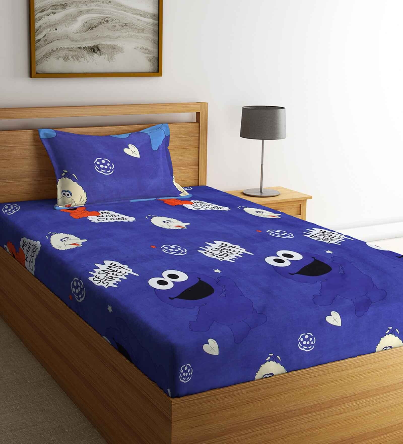 Sesame Street Themed Single Bedsheet with 1 Pillow Cover in Blue Colour