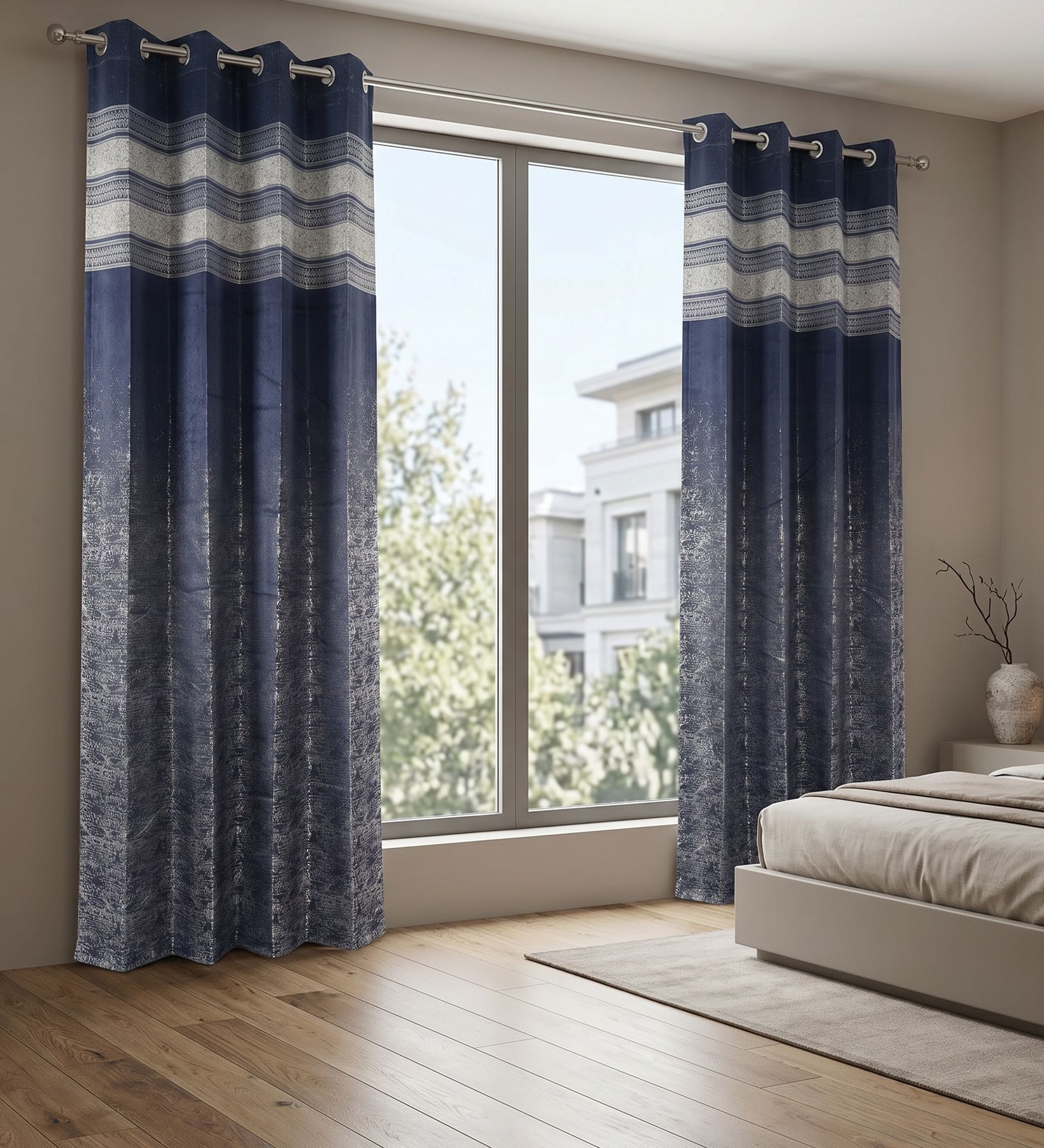 Blue Silk Abstract 7Ft Light Filtering Eyelet Door Curtains 2Pcs