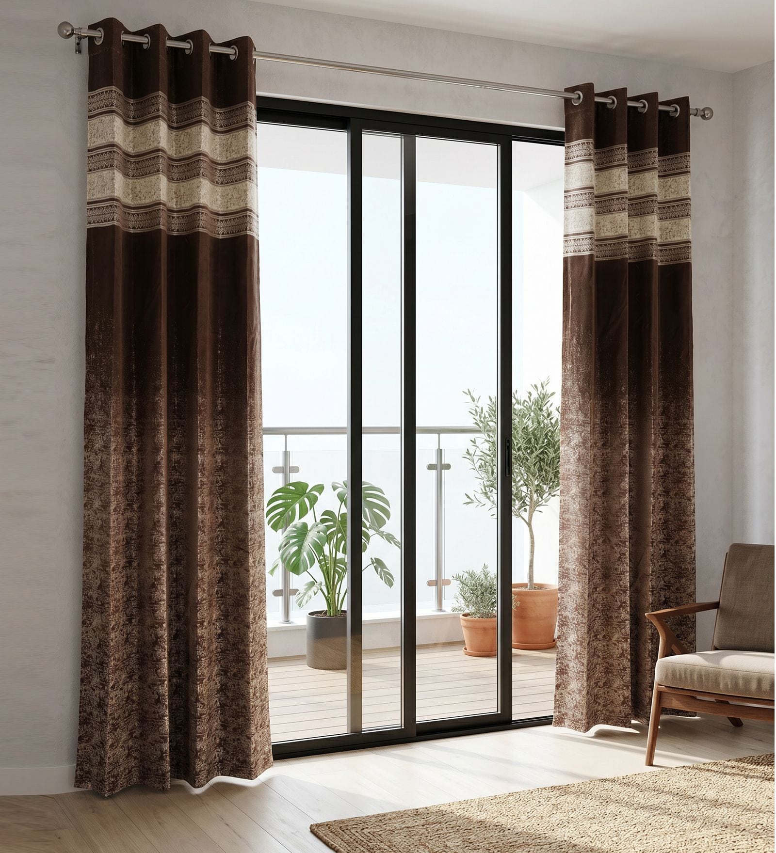 Coffee Silk Abstract 7Ft Light Filtering Eyelet Door Curtains 2Pcs