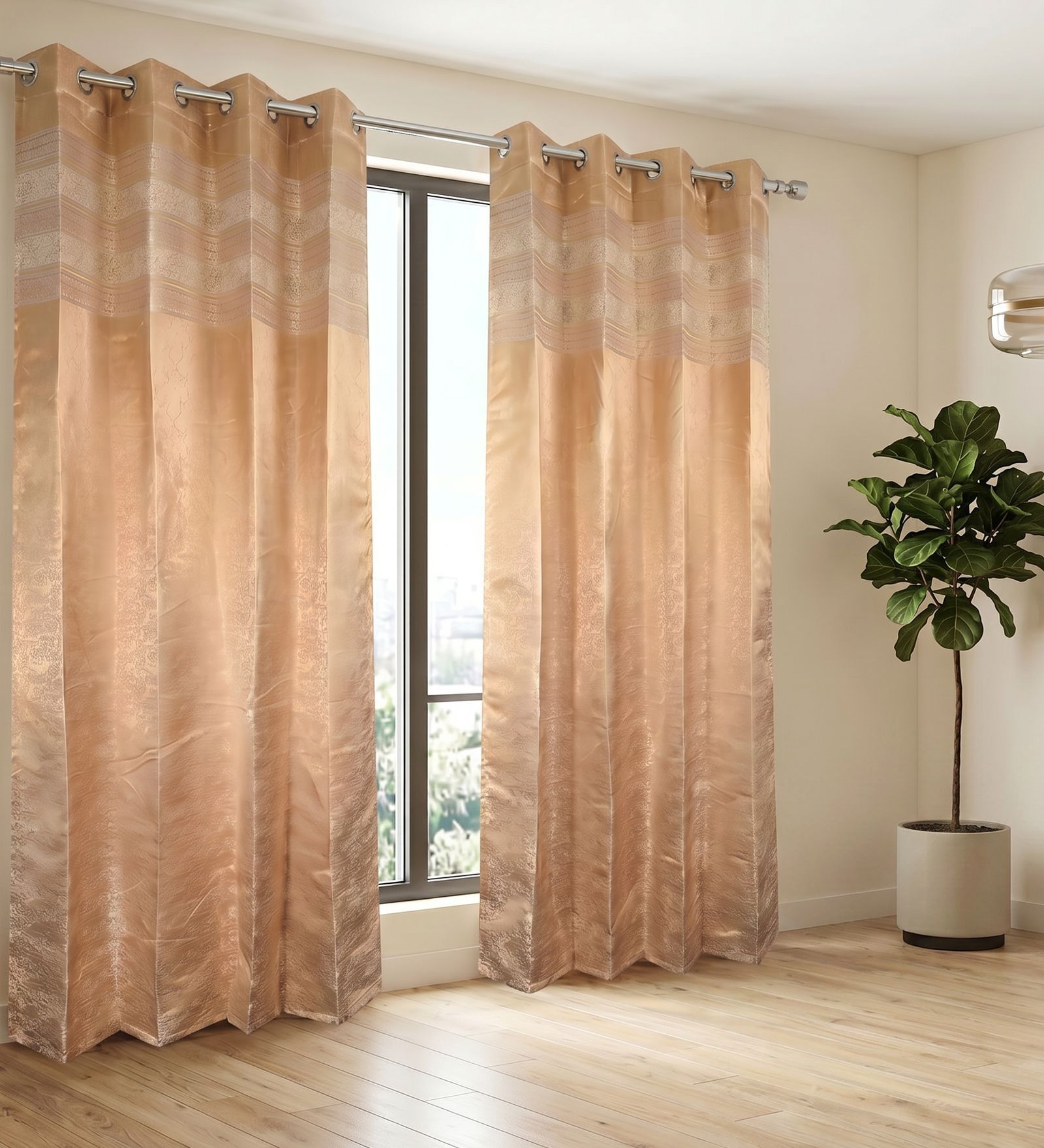 Gold Silk Abstract 7Ft Light Filtering Eyelet Door Curtains 2Pcs