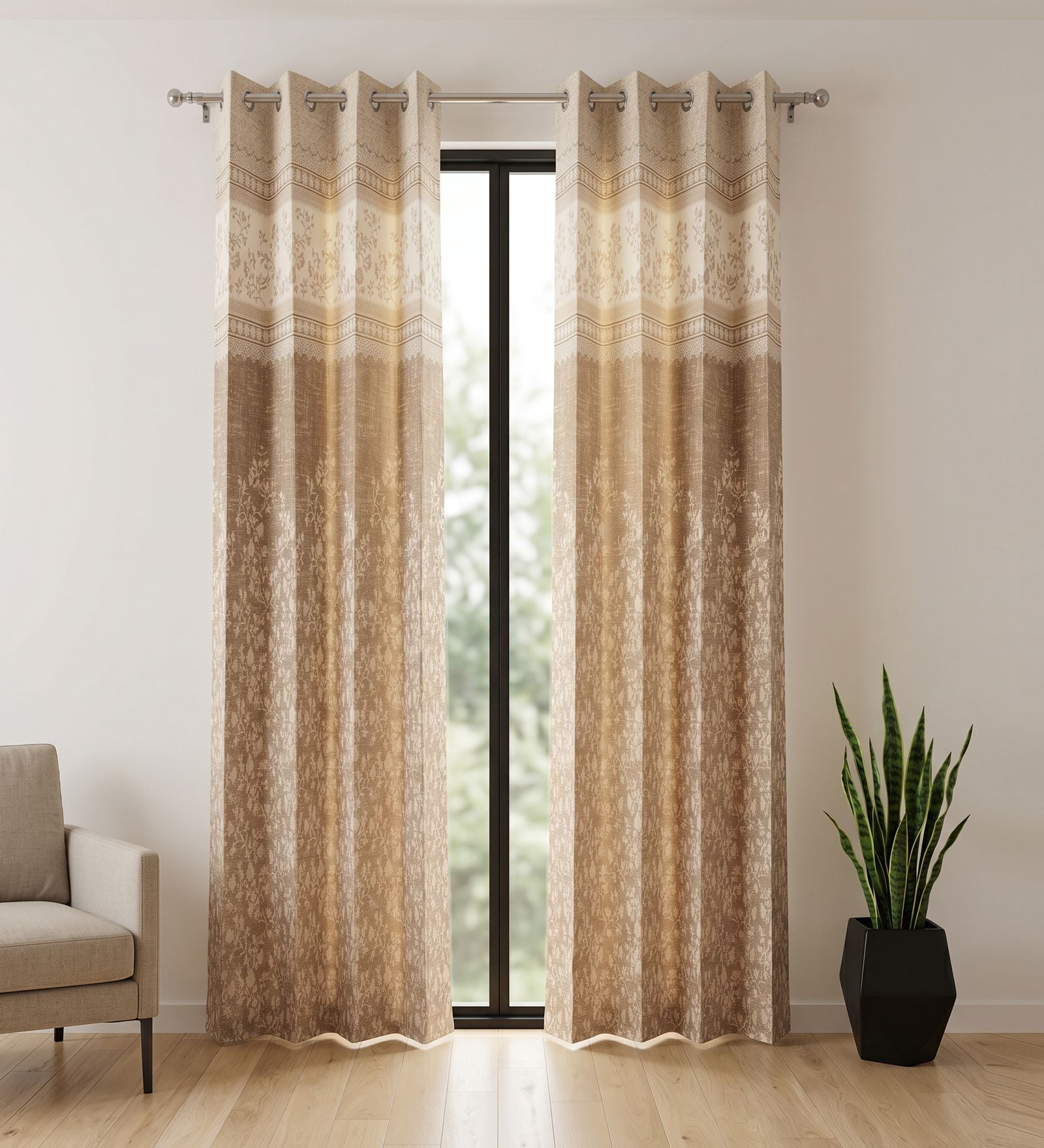 Beige Poly Cotton Floral 9Ft Light Filtering Eyelet Long Door Curtains 2Pcs