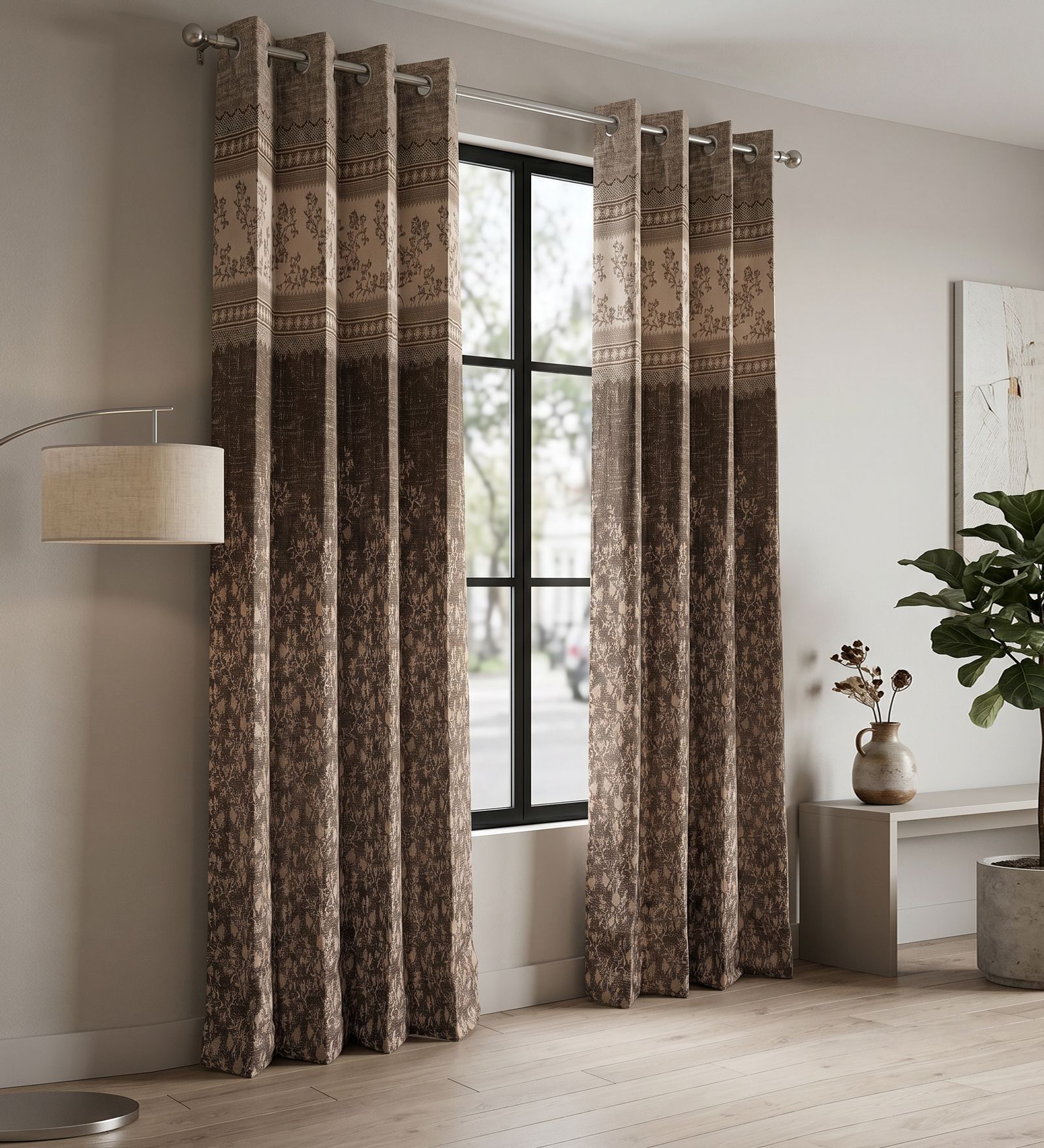 Coffee Poly Cotton Floral 9Ft Light Filtering Eyelet Long Door Curtains 2Pcs