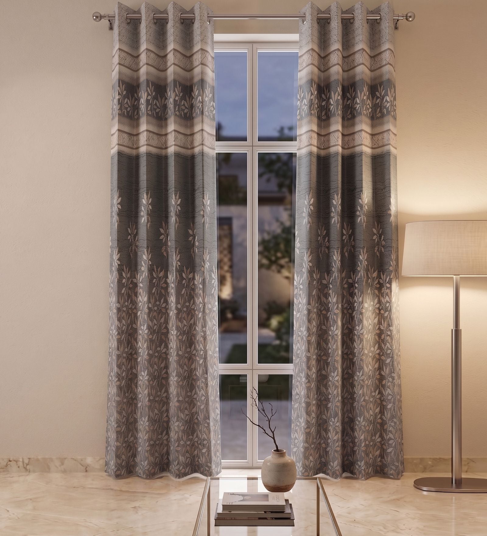 Grey Polyester Floral 9Ft Light Filtering Eyelet Long Door Curtains 2Pcs