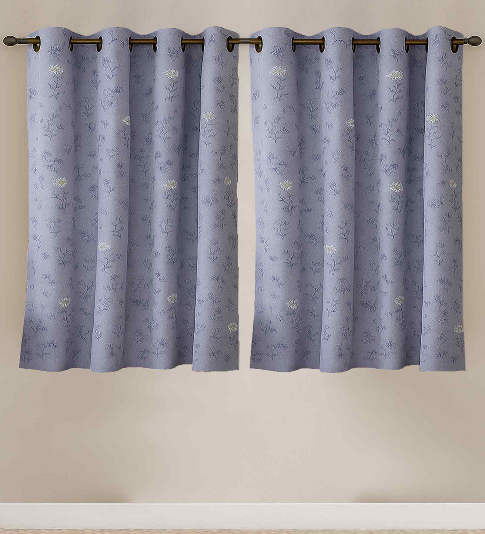 Grey Cotton Floral 5ft Eyelet Window Curtains (2 Pcs)