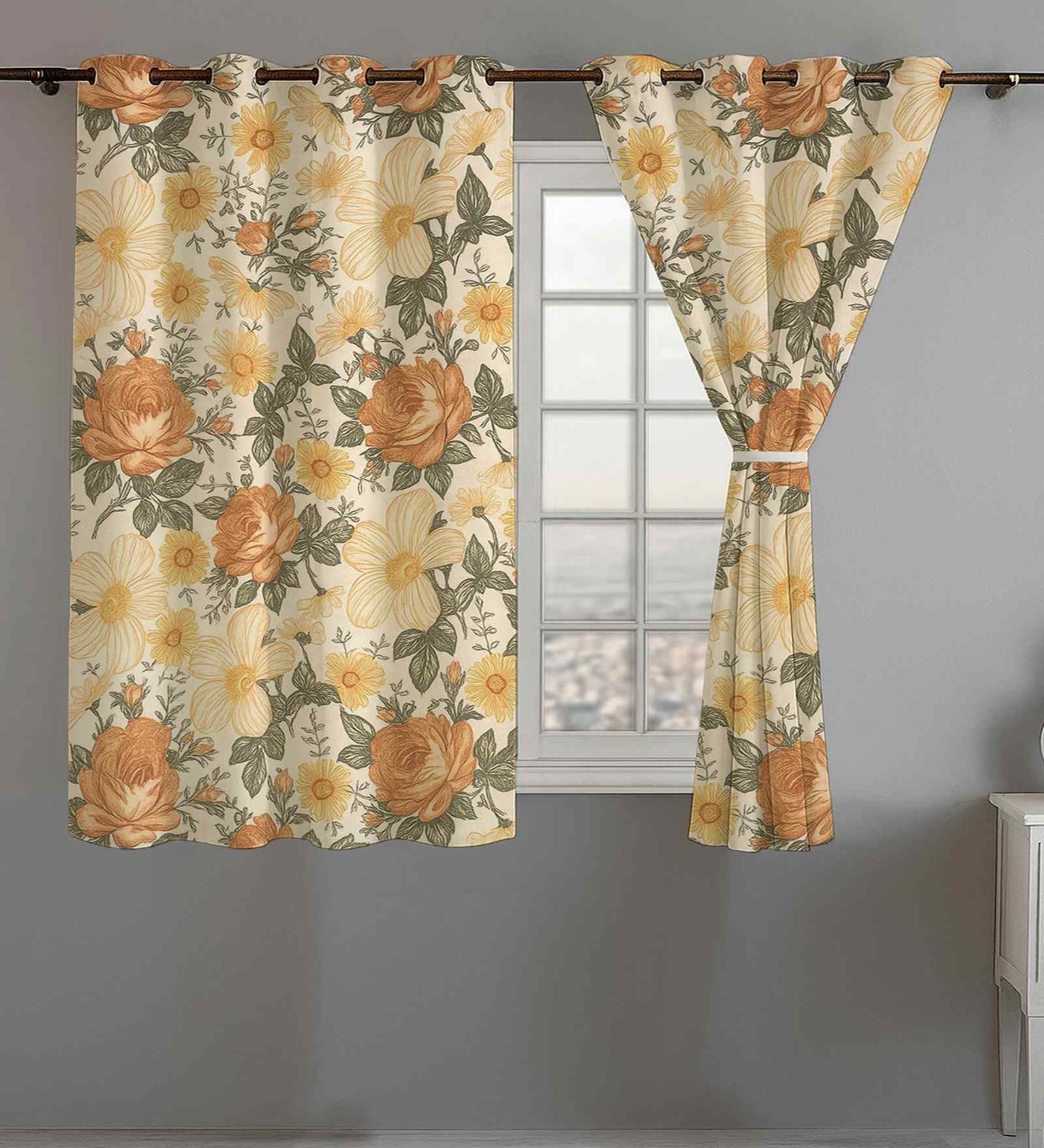 Orange Cotton Floral 5ft Eyelet Window Curtains (2 Pcs)