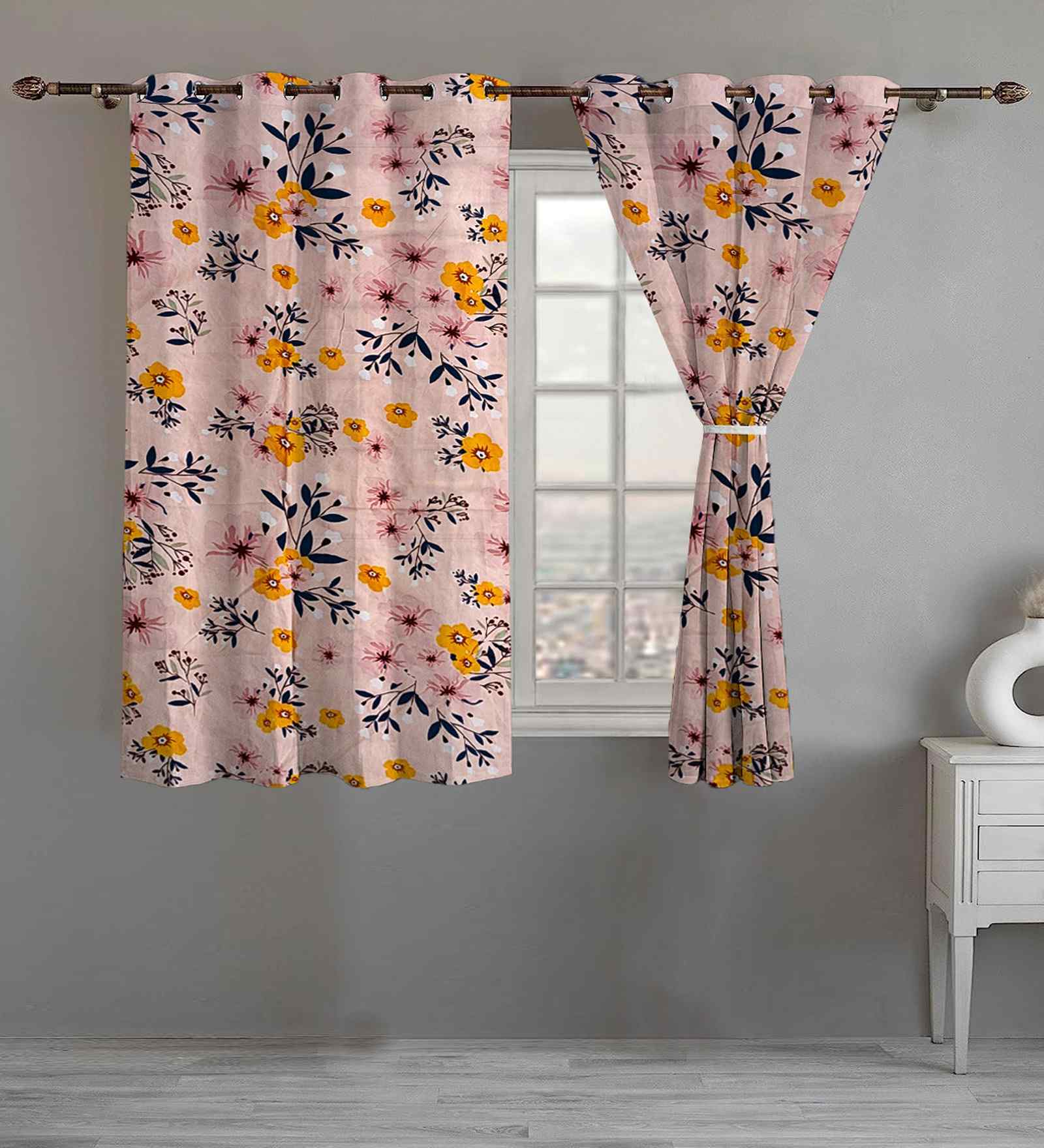 Multicolor Cotton Floral 5ft Eyelet Window Curtains (2 Pcs)