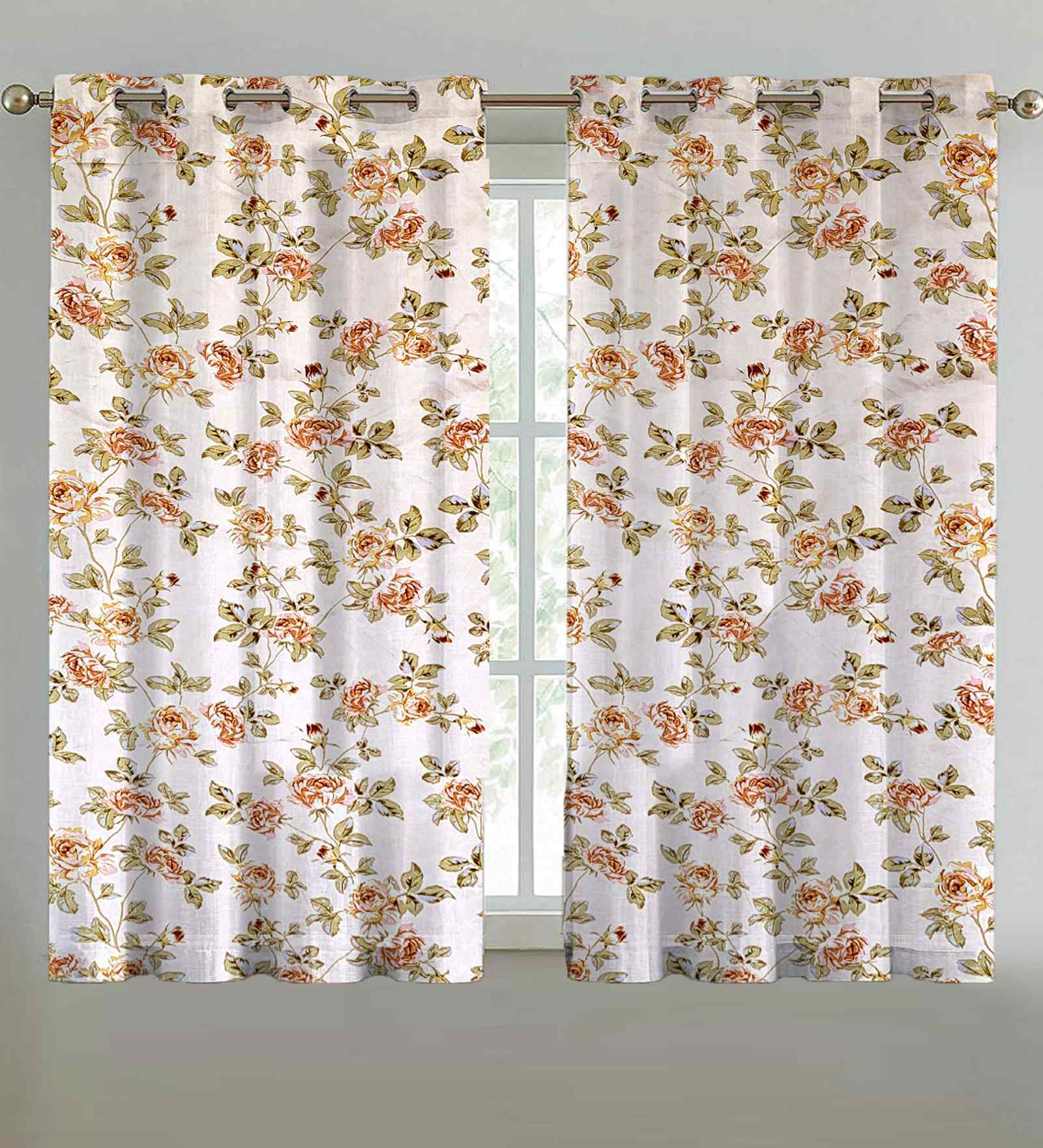 Beige Cotton Floral 5ft Eyelet Window Curtains (2 Pcs)