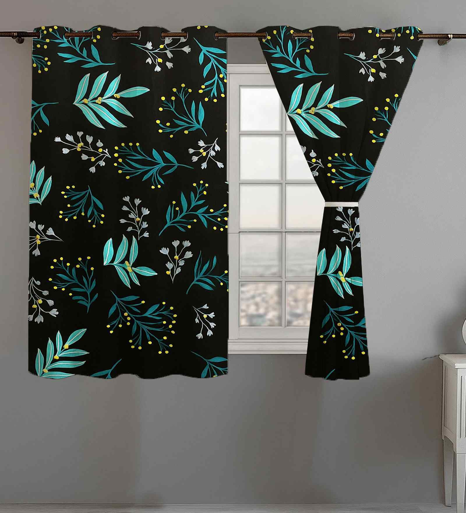 Black Cotton Floral 5ft Window Curtains (2 Pcs)