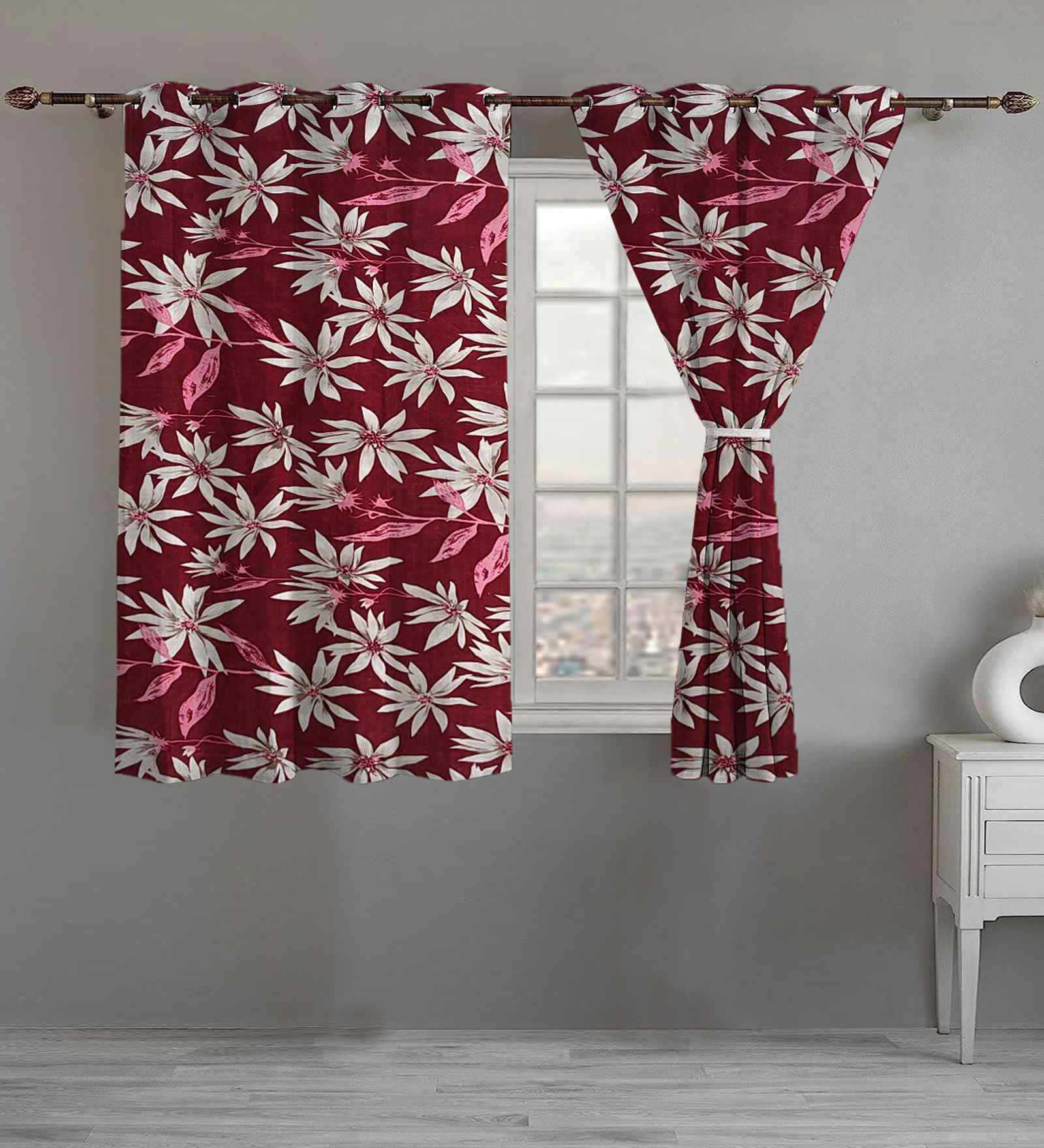 Maroon Cotton Floral 5ft Window Curtains (2 Pcs)