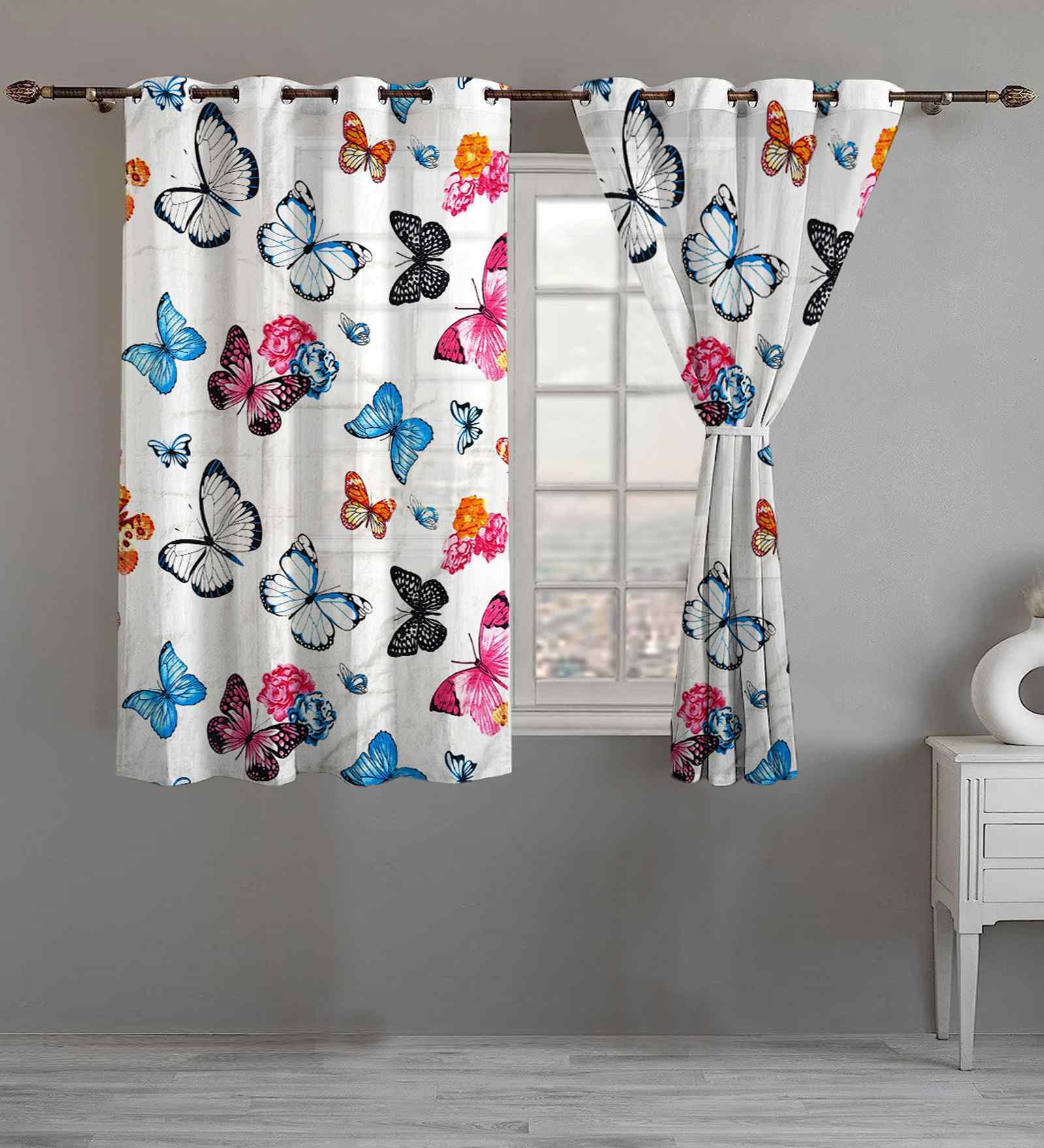Butterfly Cotton Floral 5ft Window Curtains (2 Pcs)