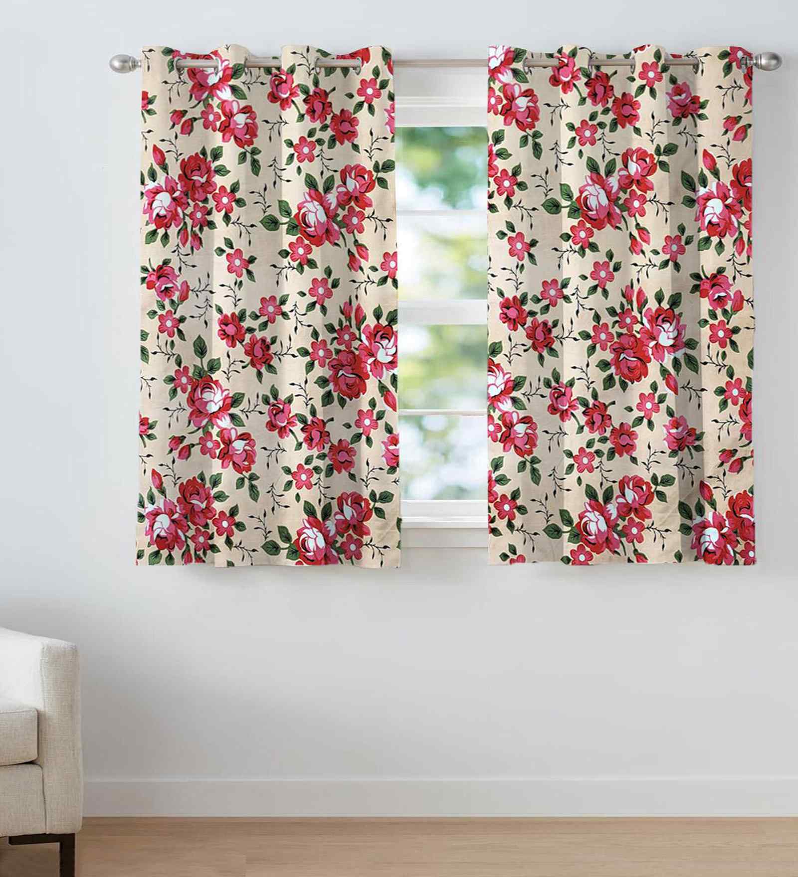 Pink Cotton Floral 5ft Window Curtains (2 Pcs)