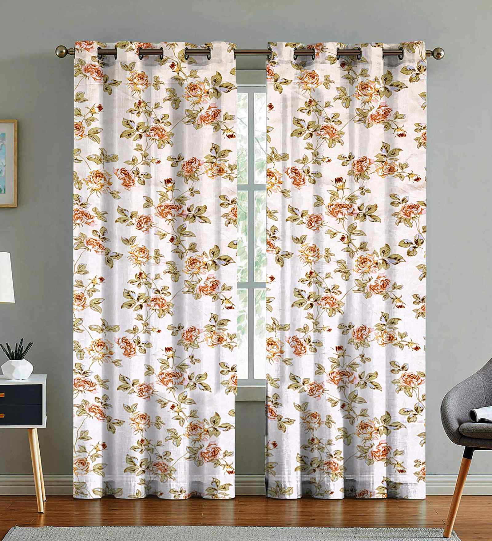 Beige Cotton Floral 7ft Eyelet Door Curtains (2 Pcs)