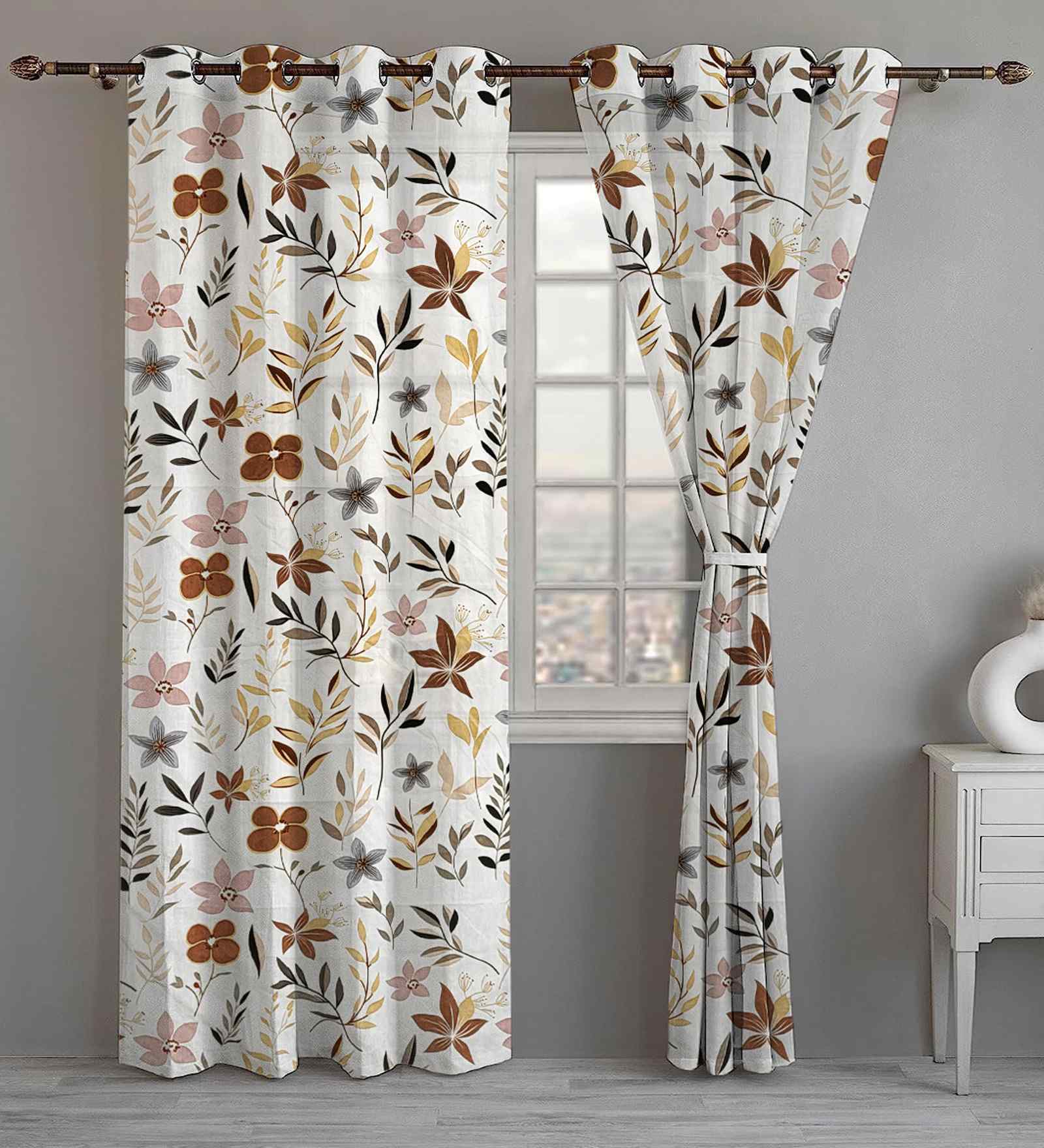 Beige Cotton Floral 7ft Eyelet Door Curtains (2 Pcs)