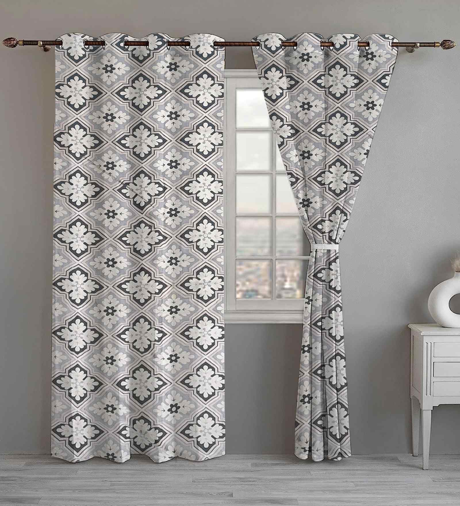 Grey Cotton Floral 7ft Eyelet Door Curtains (2 Pcs)