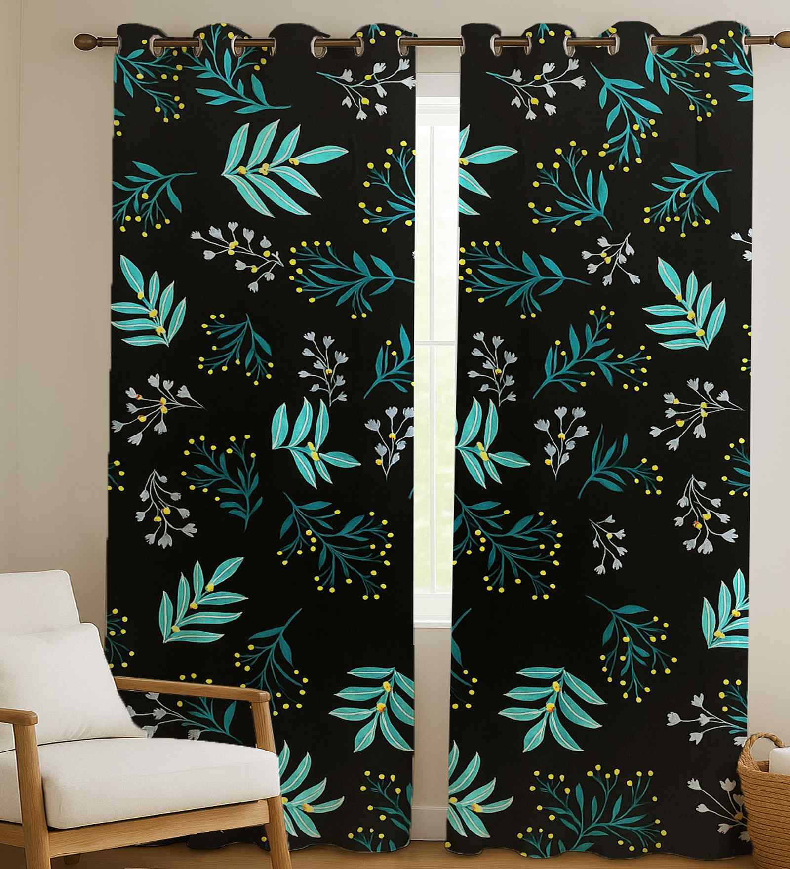 Black Cotton Floral 7ft Door Curtains (2 Pcs)