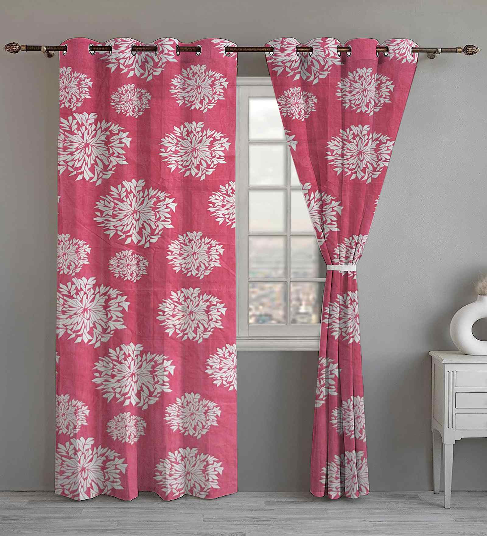 Pink Cotton Floral 7ft Door Curtains (2 Pcs)