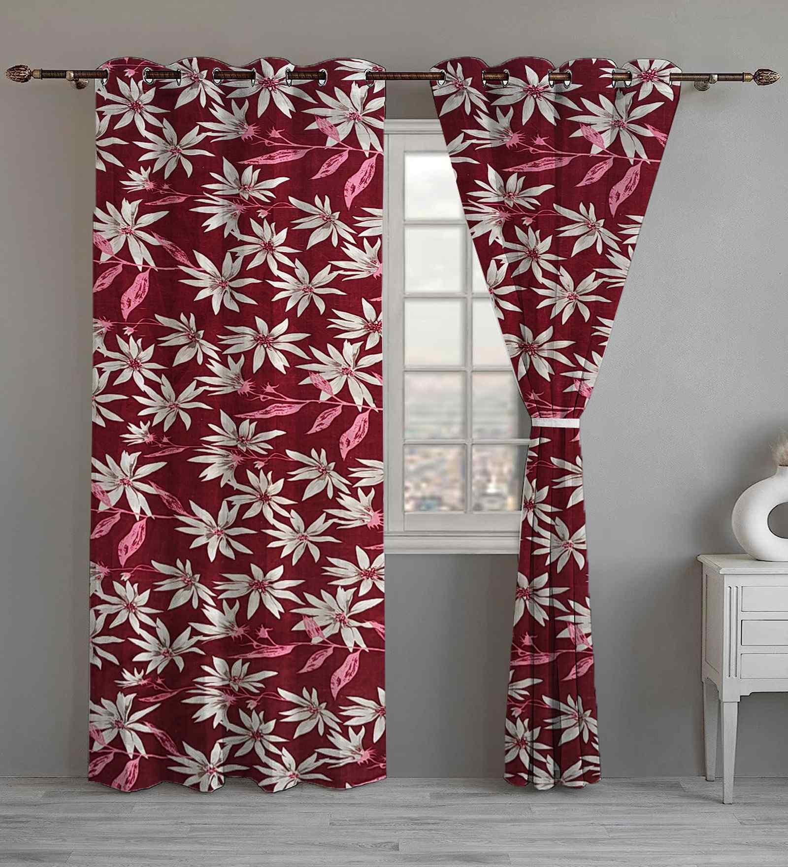 Maroon Cotton Floral 7ft Door Curtains (2 Pcs)