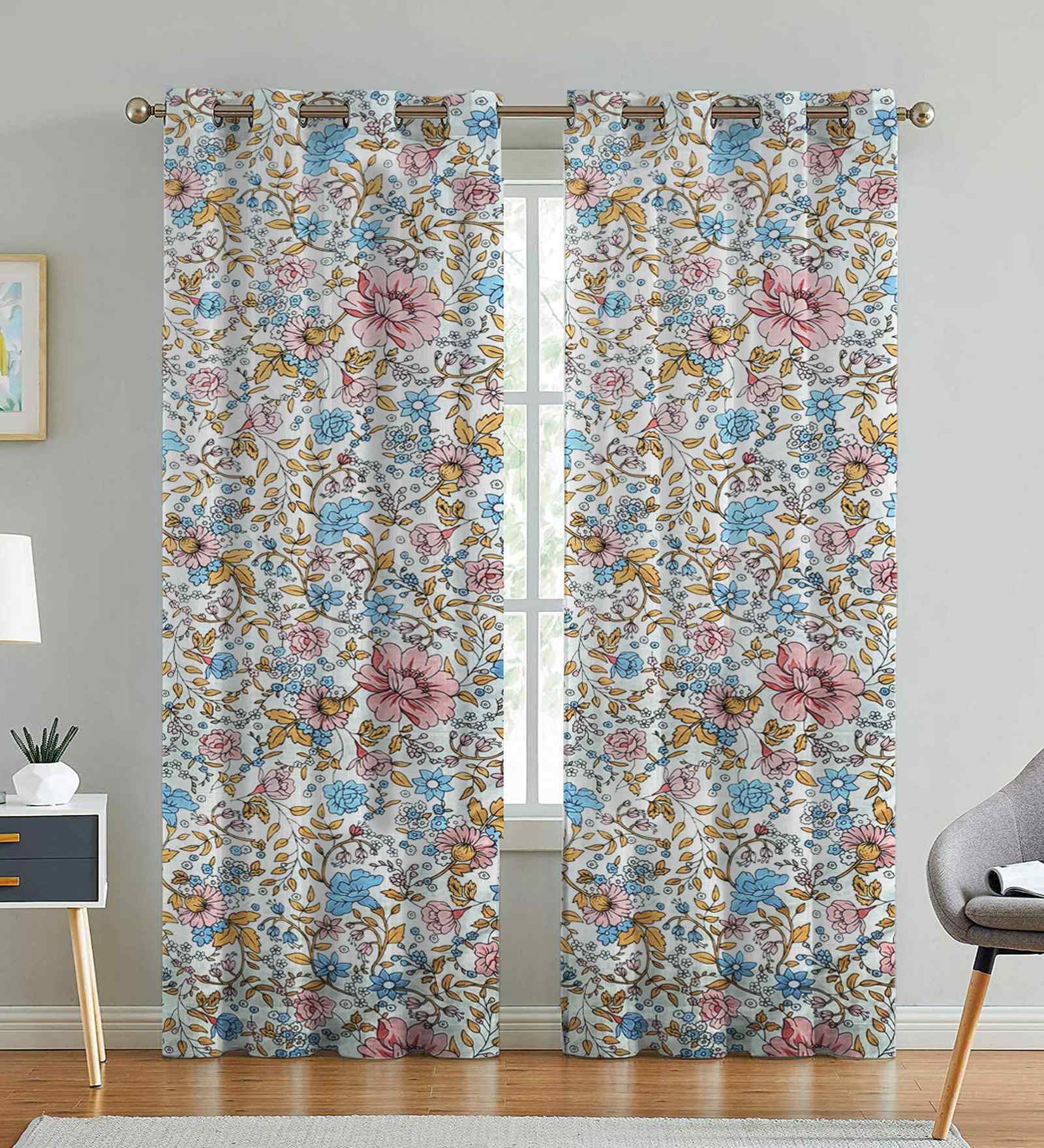 Multicolor Cotton Floral 7ft Door Curtains (2 Pcs)