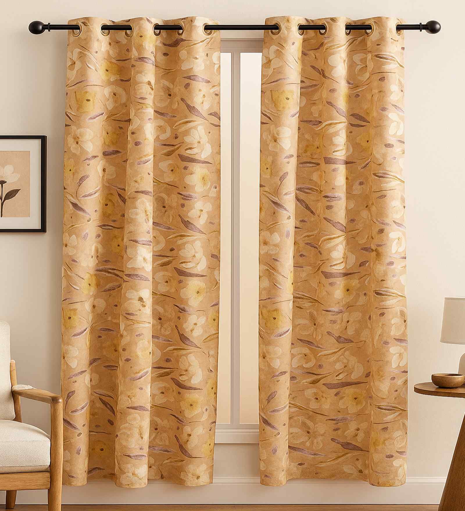 Mustard Cotton Floral 7ft Door Curtains (2 Pcs)