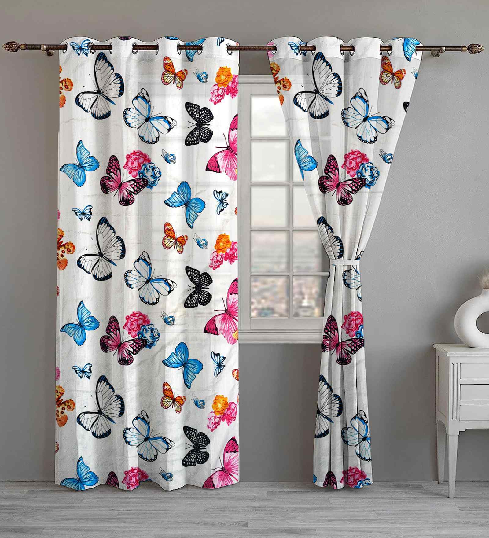 Butterfly Cotton Floral 7ft Door Curtains (2 Pcs)