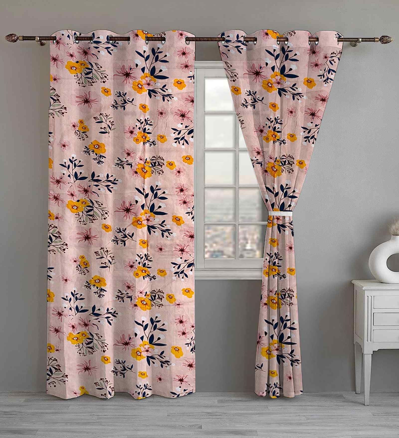 Multicolor Cotton Floral 9ft Eyelet Long Door Curtains (2 Pcs)