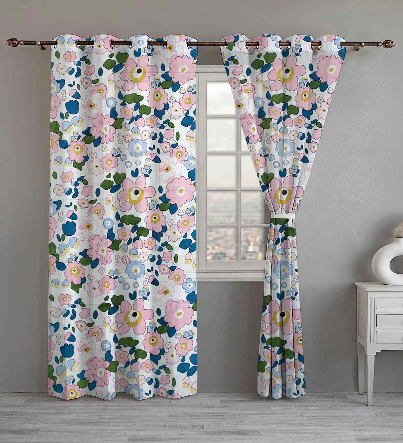 Beige Cotton Floral 9ft Eyelet Long Door Curtains (2 Pcs)