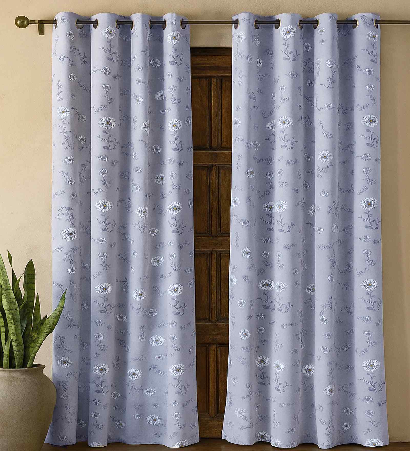Grey Cotton Floral 9ft Eyelet Long Door Curtains (2 Pcs)