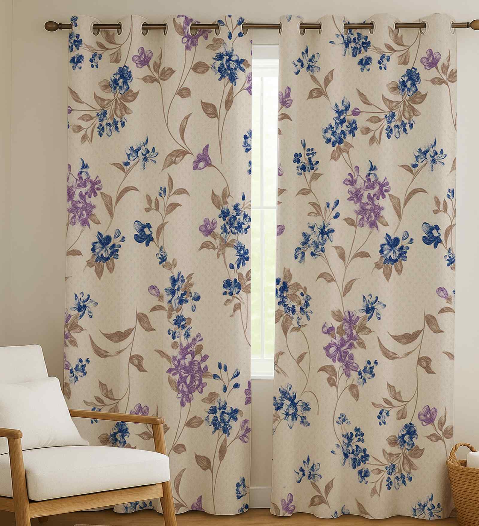 Purple Cotton Floral 9ft Eyelet Long Door Curtains (2 Pcs)