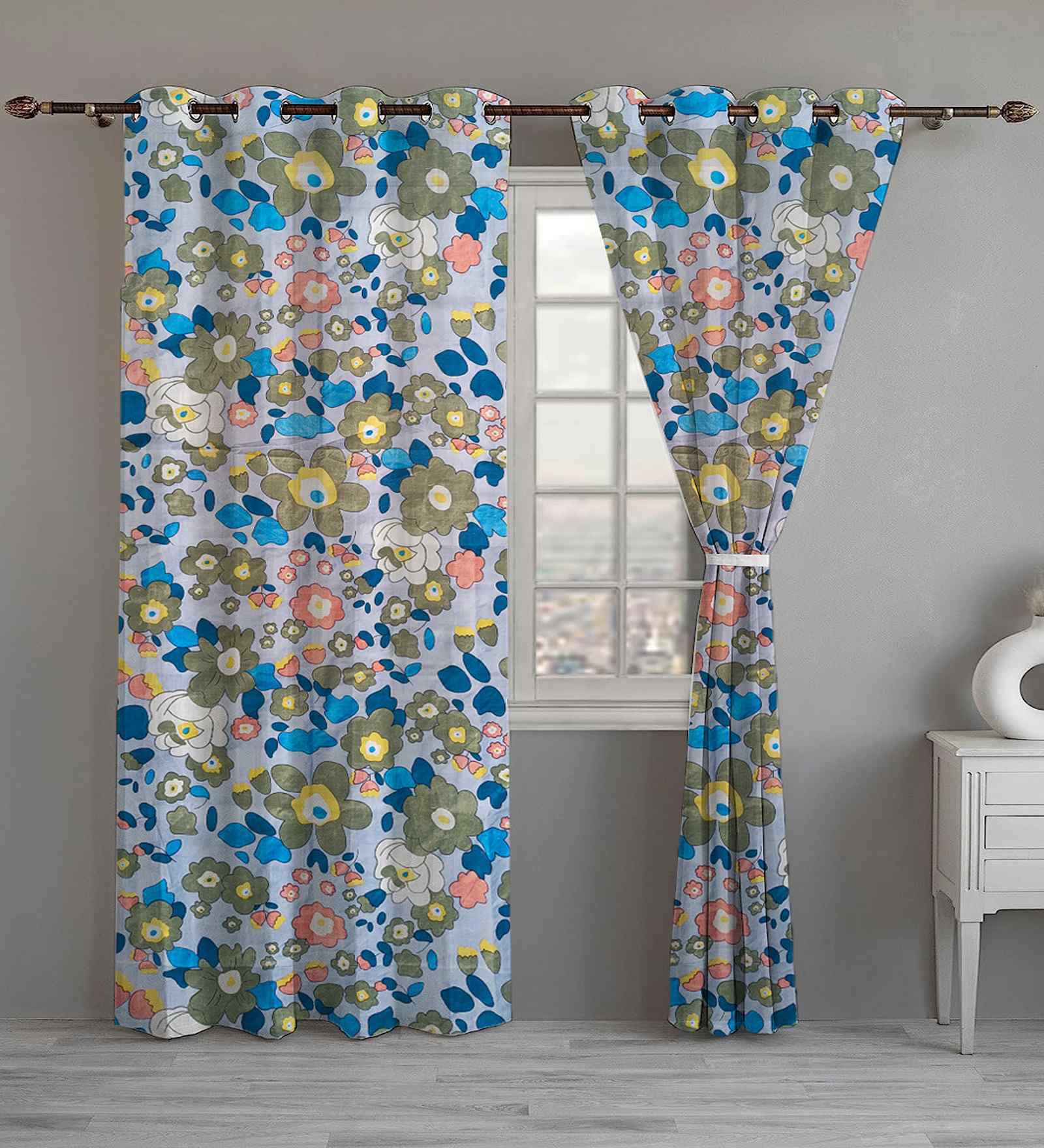 Multicolor Cotton Floral 9ft Long Door Curtains (2 Pcs)