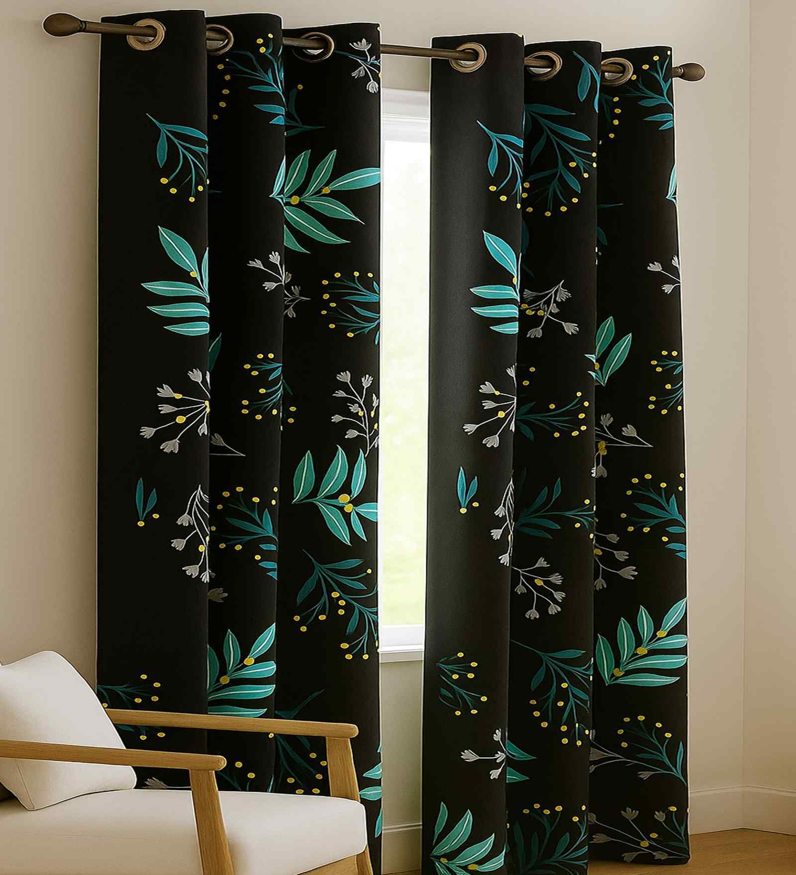 Black Cotton Floral 9ft Long Door Curtains (2 Pcs)