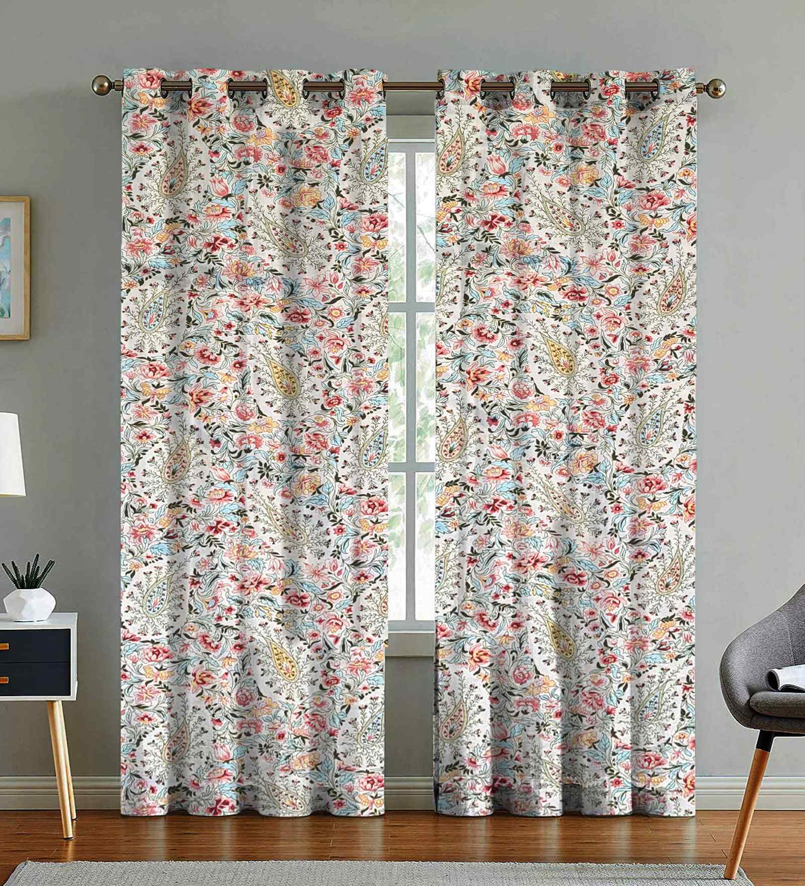 Beige Cotton Floral 9ft Eyelet Long Door Curtains (2 Pcs)