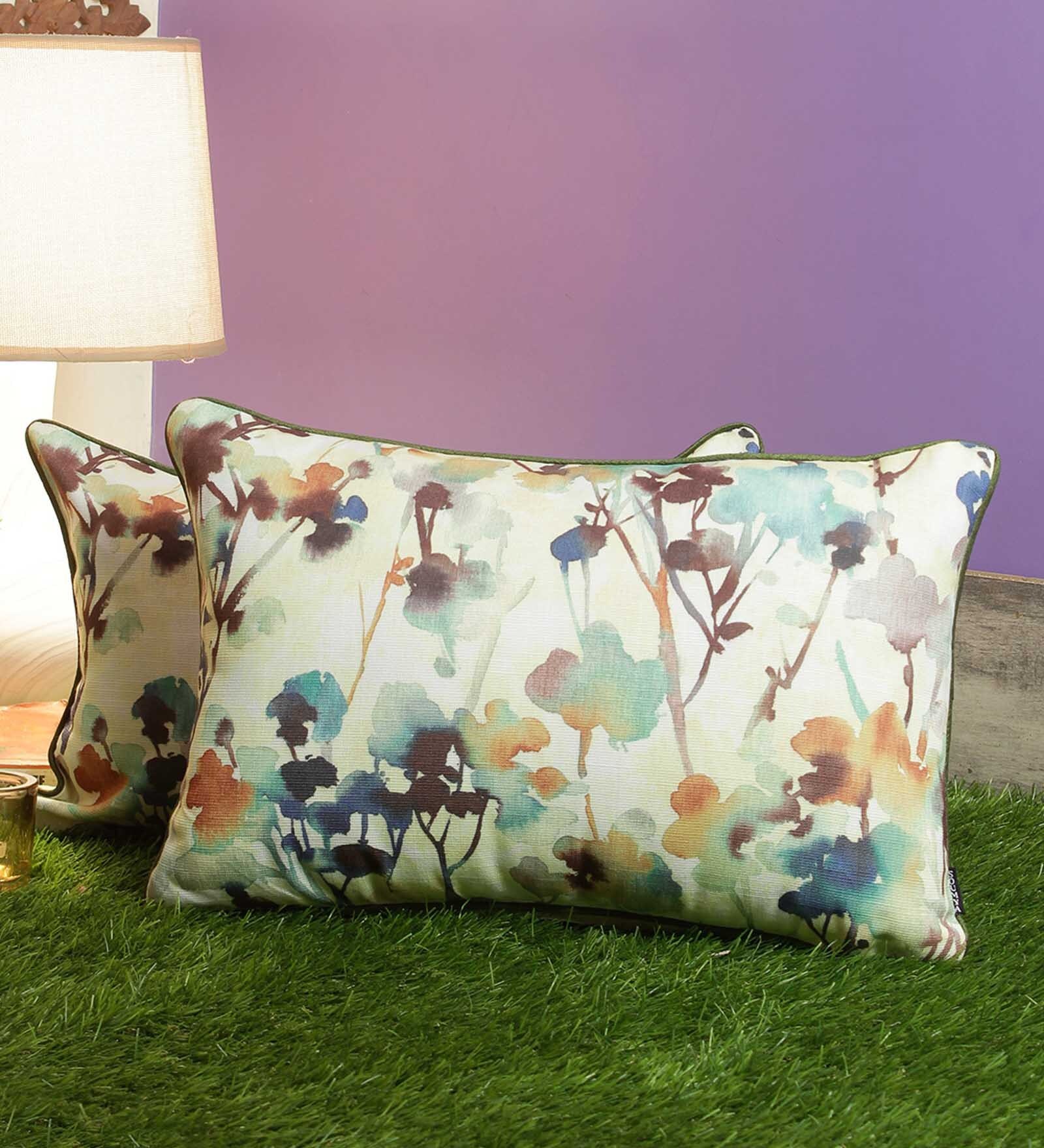 White Floral Polyester Blend 18 x 12 Inches Cushion Covers (Set of 2)