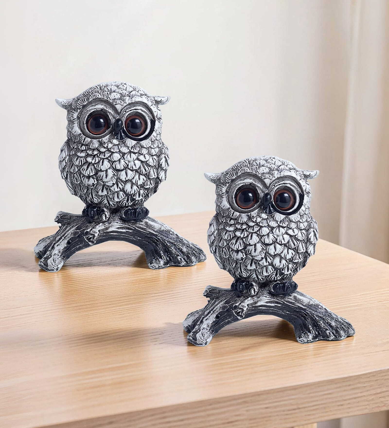 Set of 2 Antique Black and White Owl Figurines 3.4 Inch