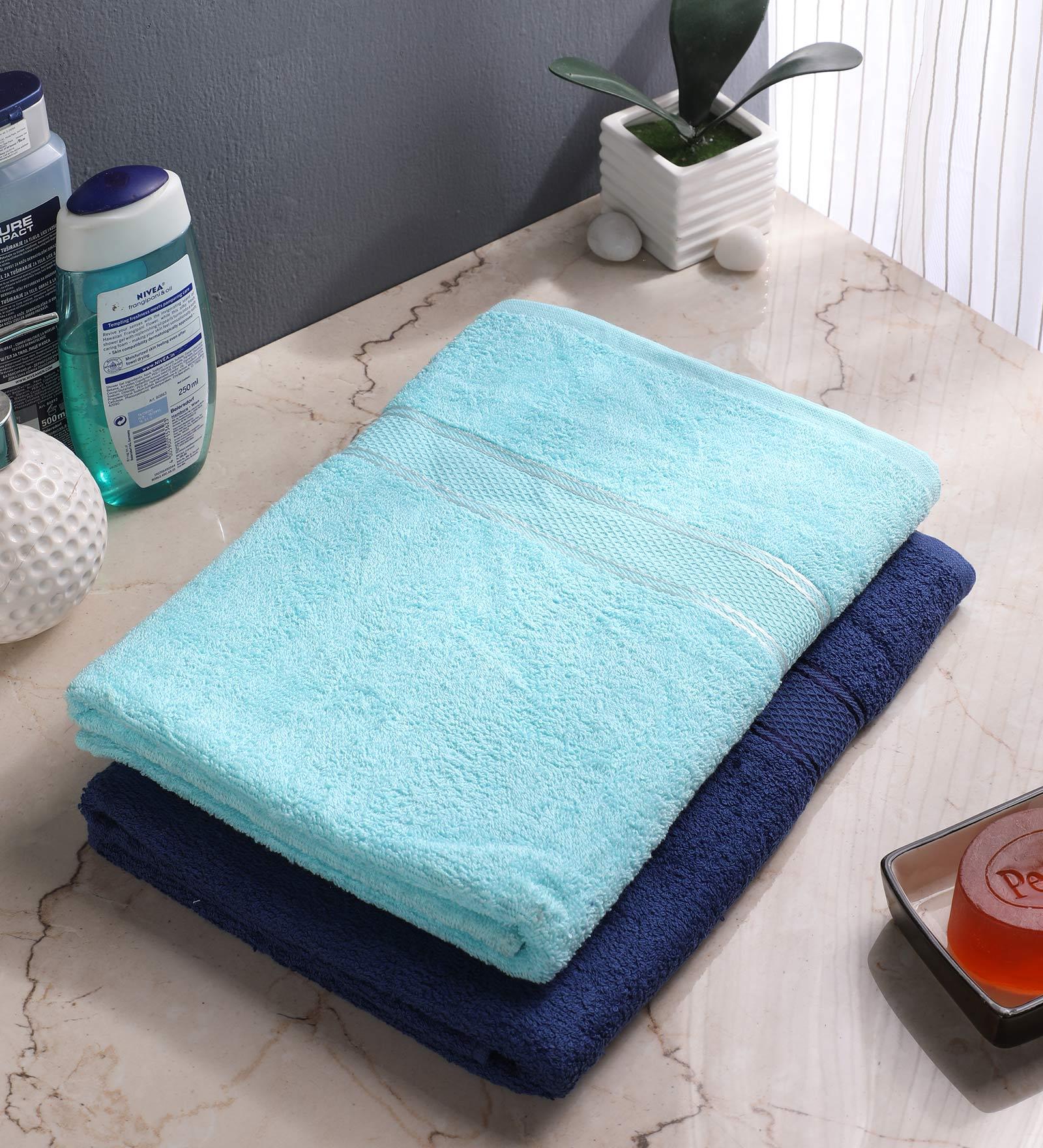 Buy Set of 2 Aqua & Navy Blue Cotton 360 GSM Bath Towels by Eurospa