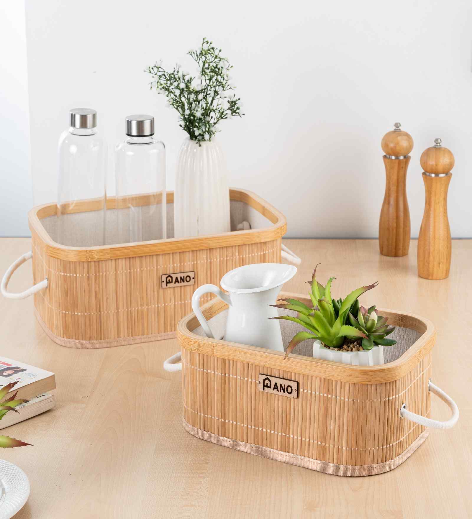 Set Of 2 Beige Bamboo Oval Rattan Organiser