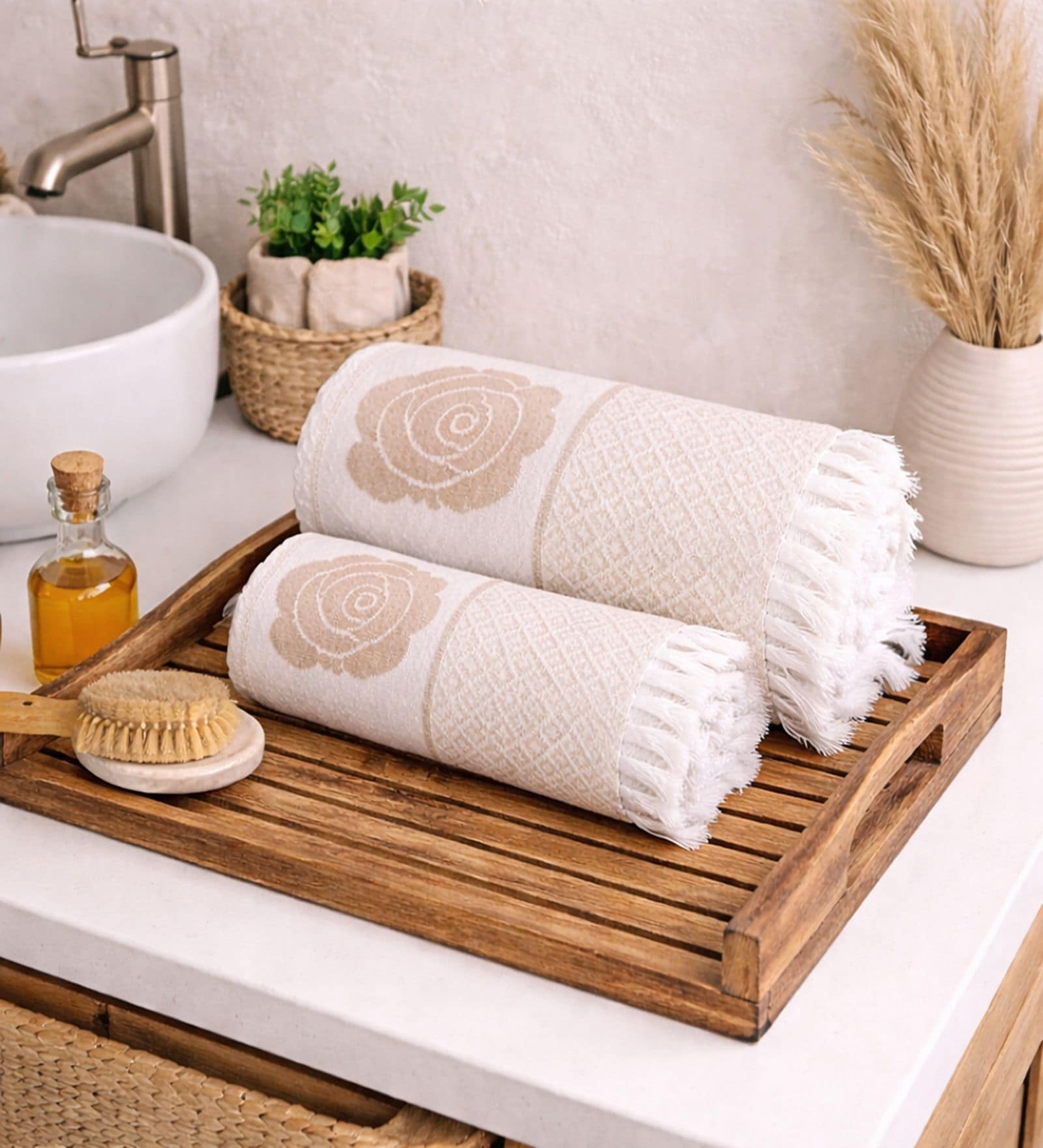 Set Of 2 Beige Cotton Bath & Hand Towels Set