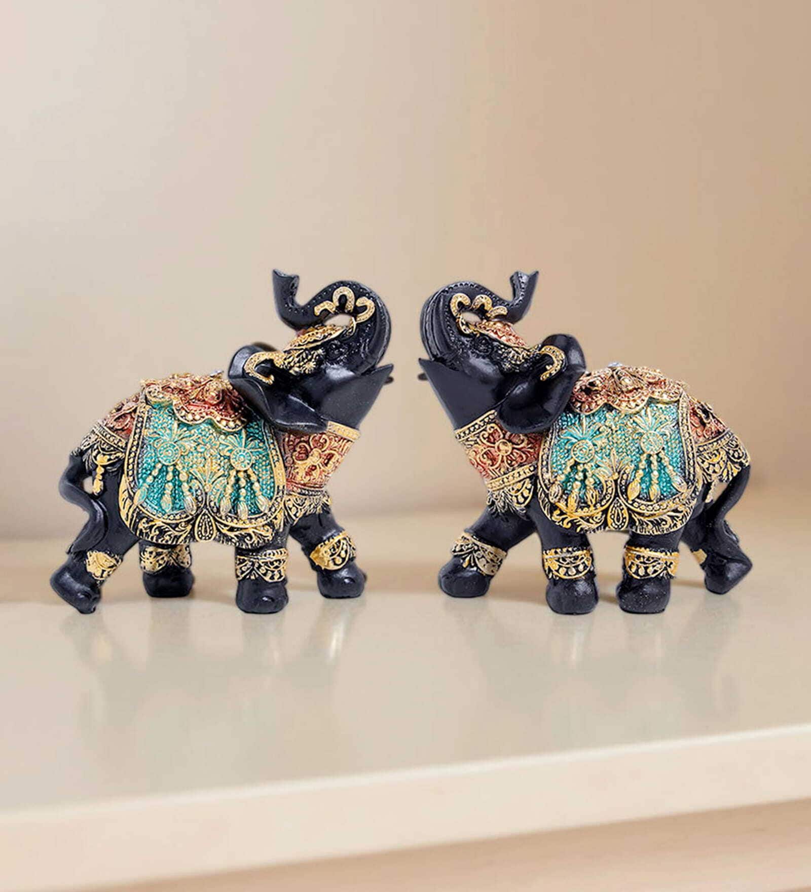 Set of 2 Black & Gold-Toned Elephant Figurine Showpiece Set of 2 Black & Gold-Toned Elephant Figurine Showpiece