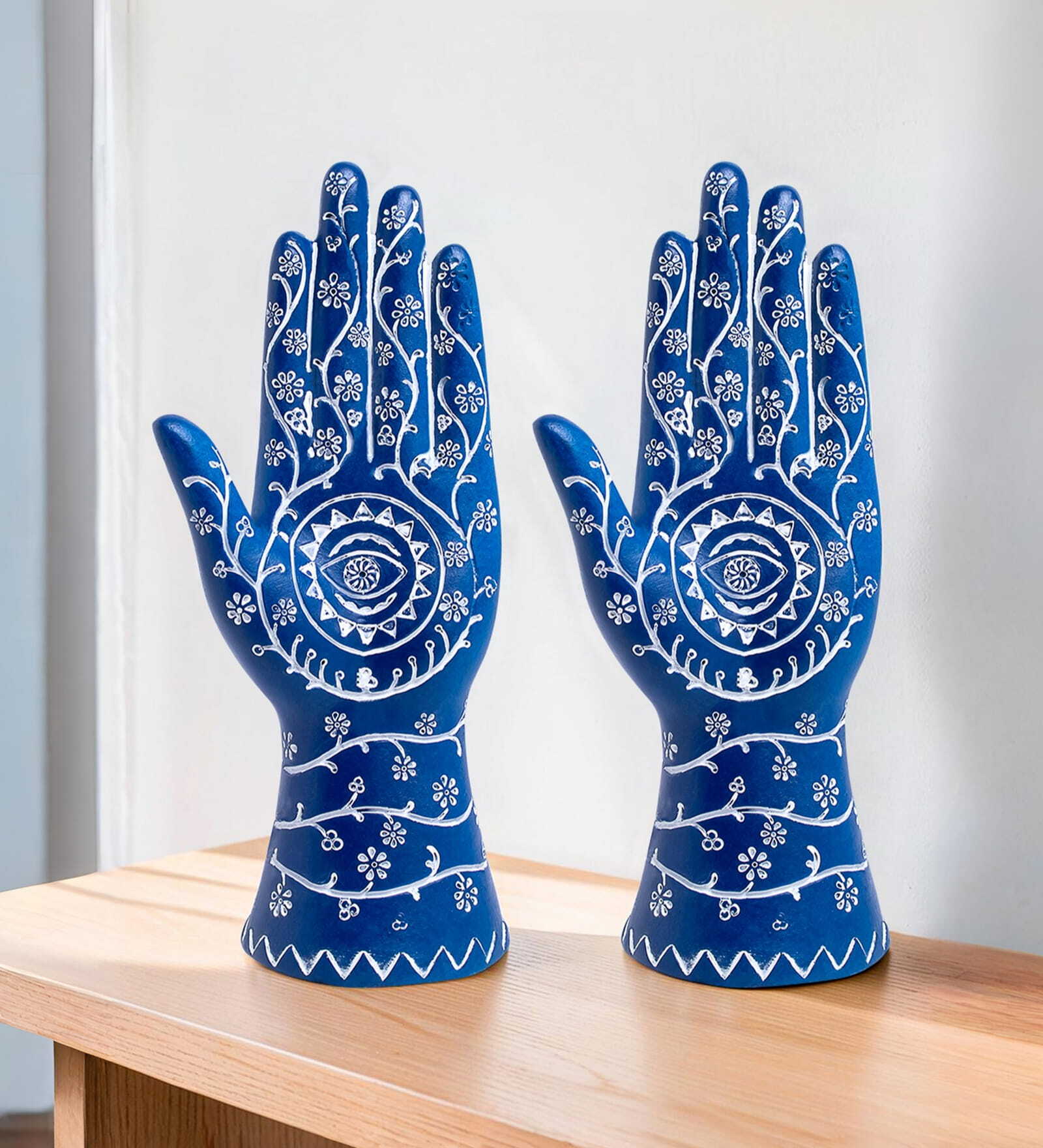 Set of 2 Blue & White Evil Eye Hand Showpieces 9 Inch