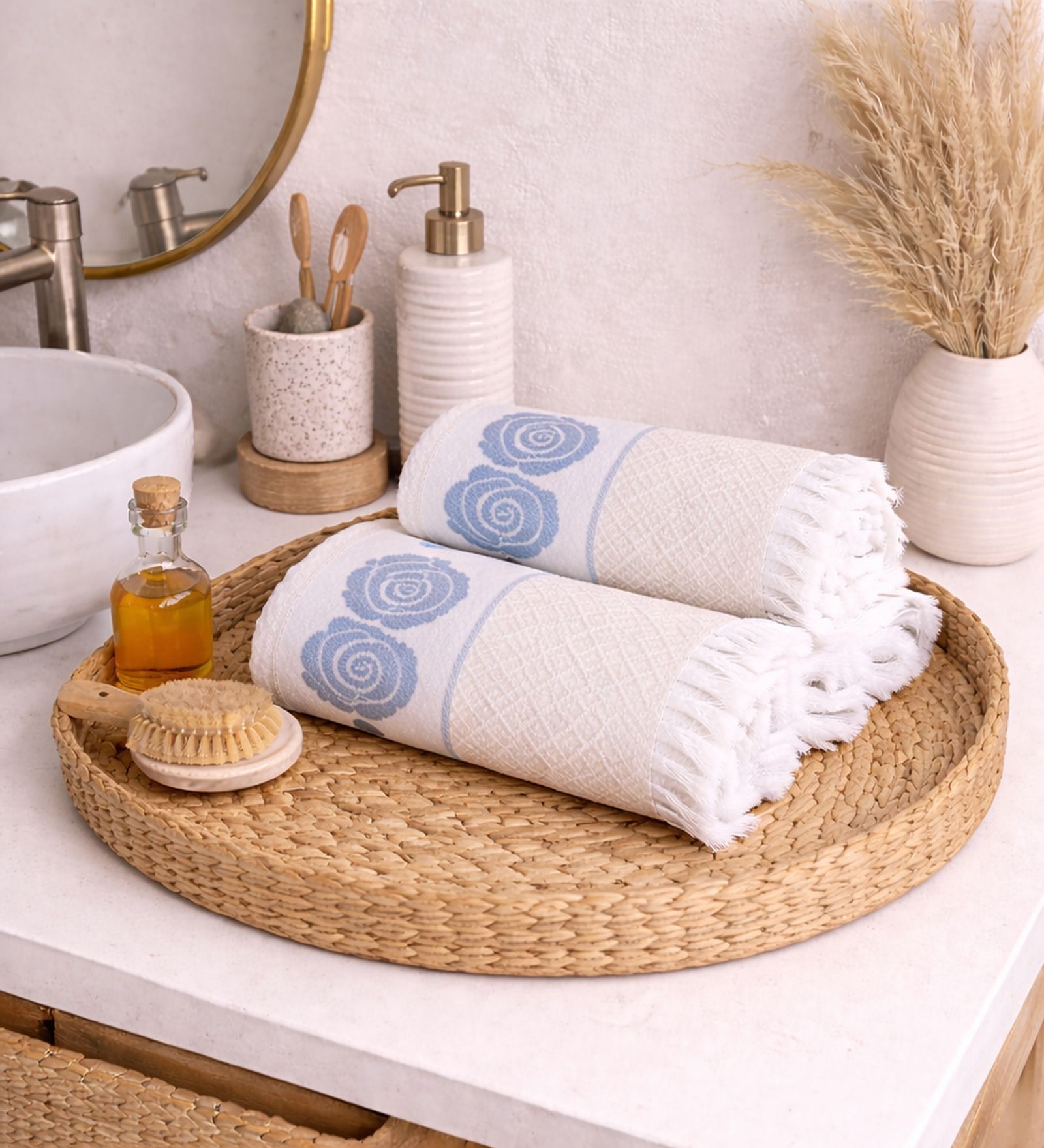 Set Of 2 Blue Cotton Bath Towels