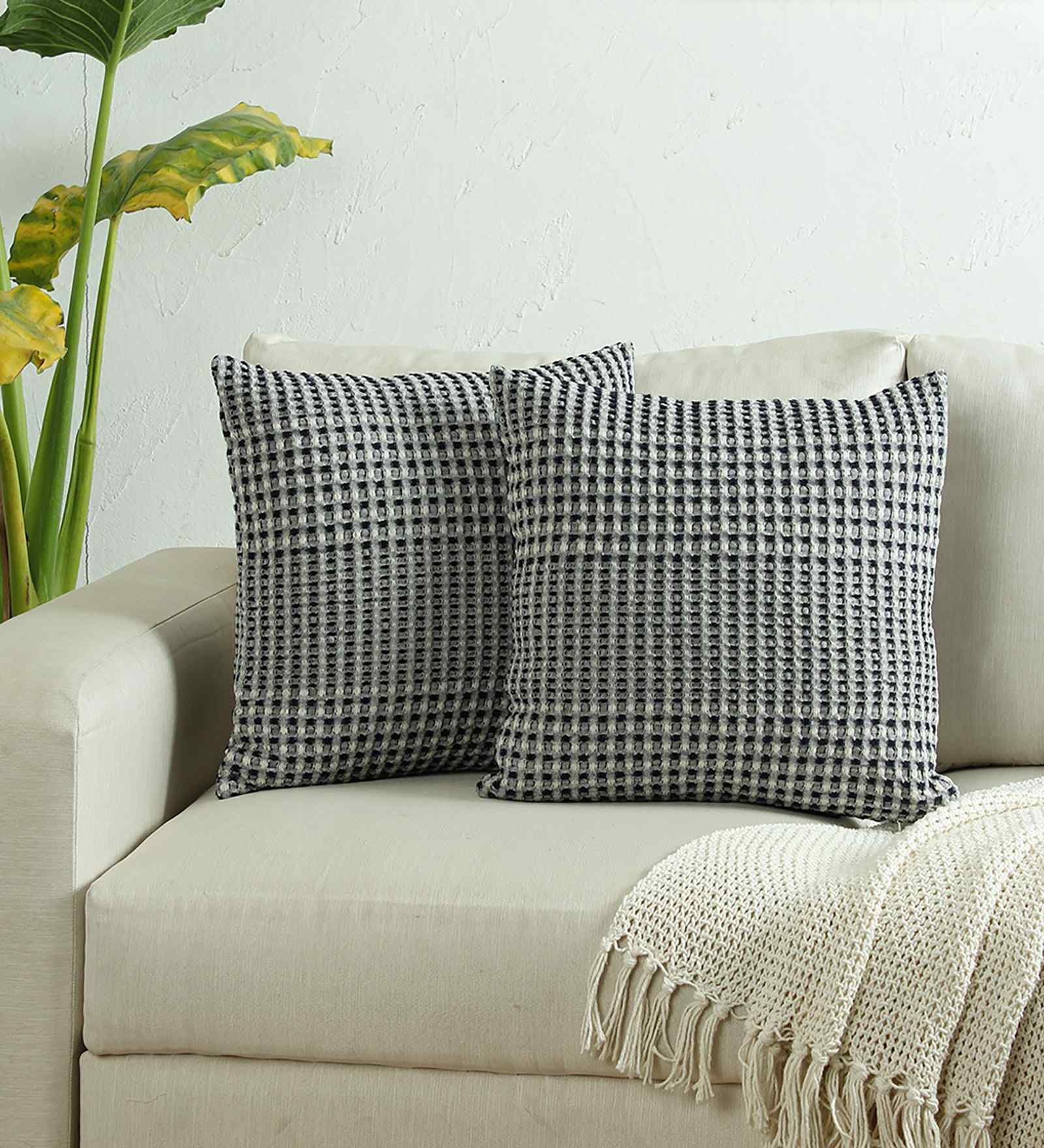 Set Of 2 Blue Cotton Solid Cushion Covers