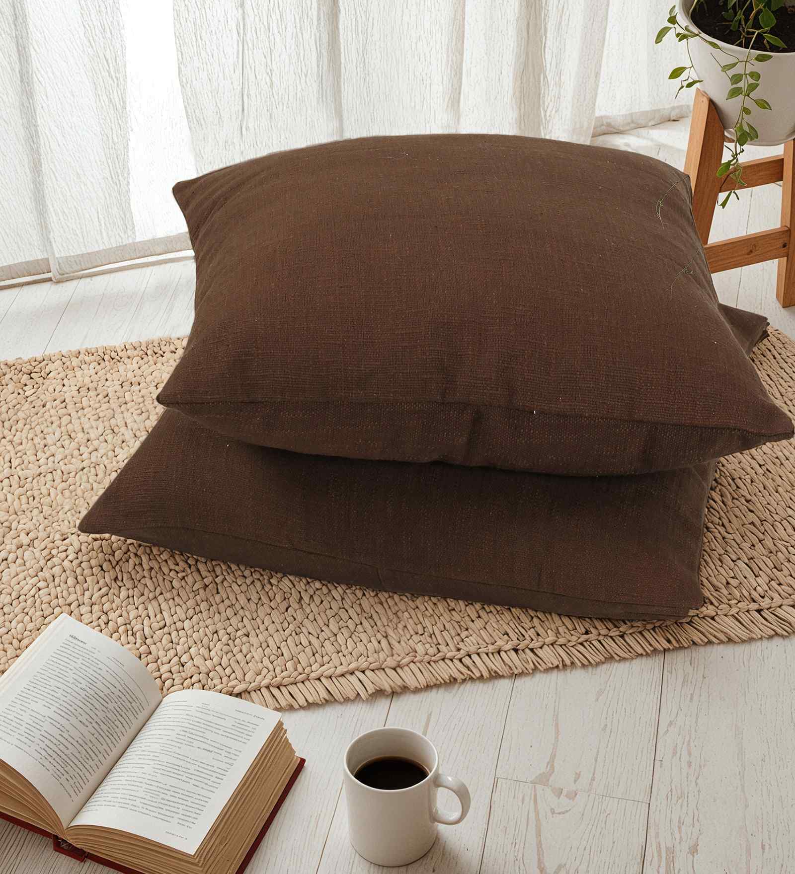 Set Of 2 Brown Cotton Slub Solid Cushion Covers