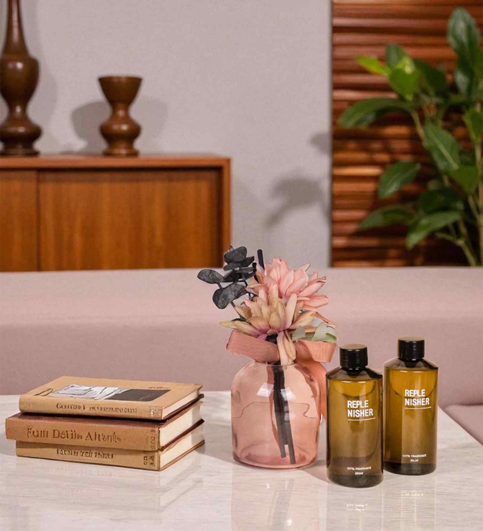 Set of 2 Brown Glass Bottle Fragrance Oil Rattan Reeds Reed & Petal Aromatics Diffuser Set