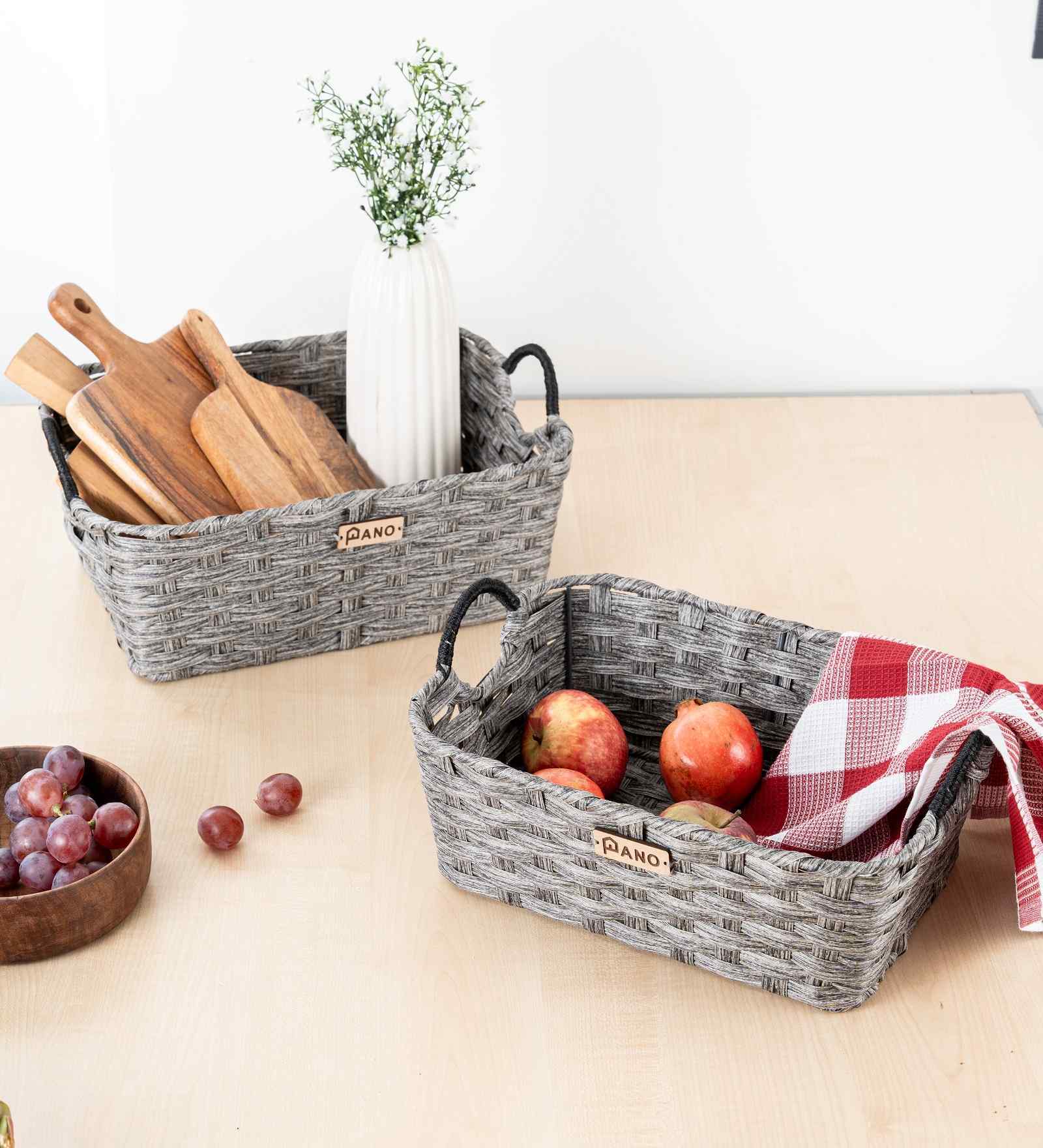 Set Of 2 Charcoal Plastic  Rectangular Wicker Organiser