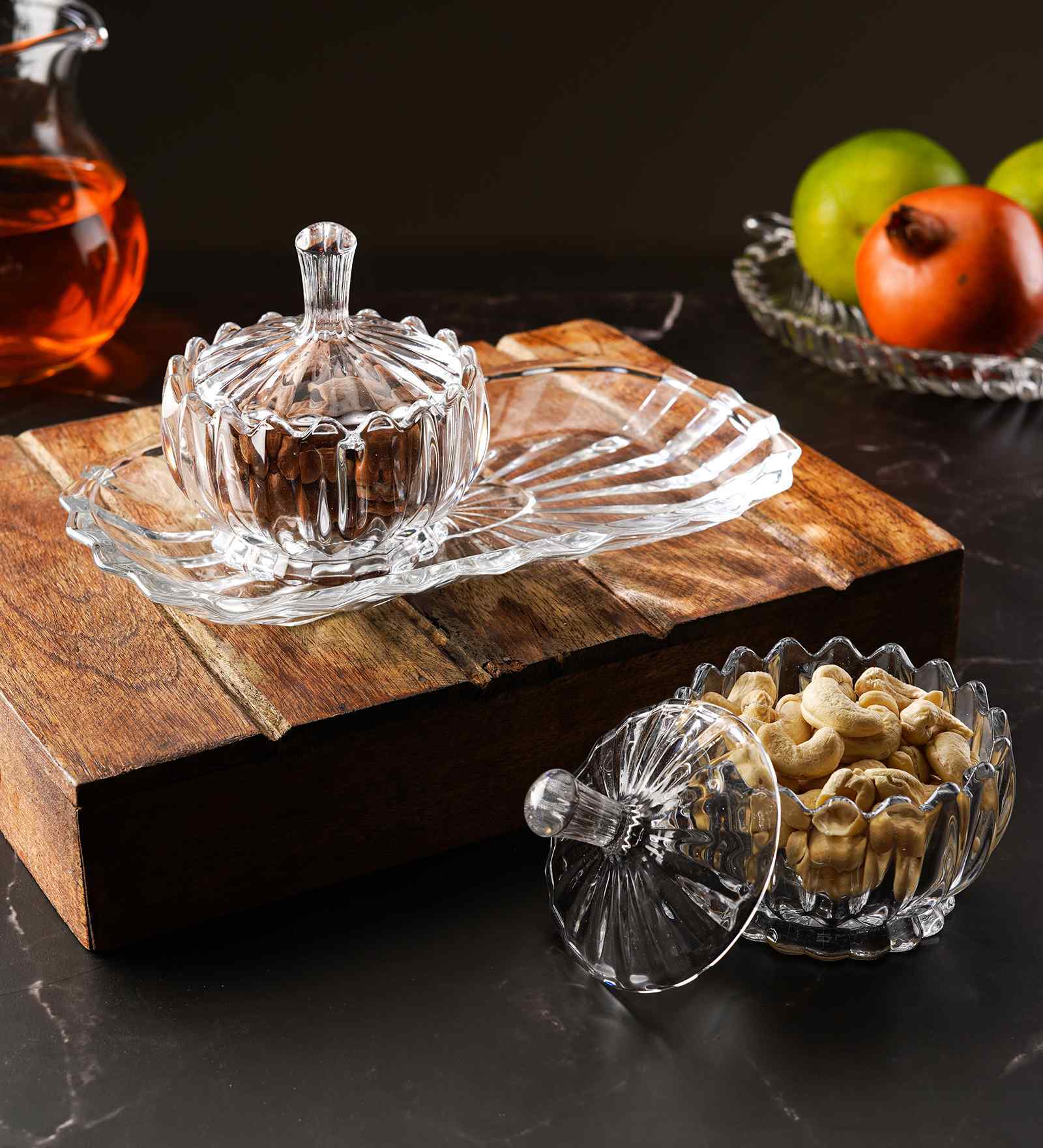 Set of 2 Dry Fruit Bowls With Glass Tray